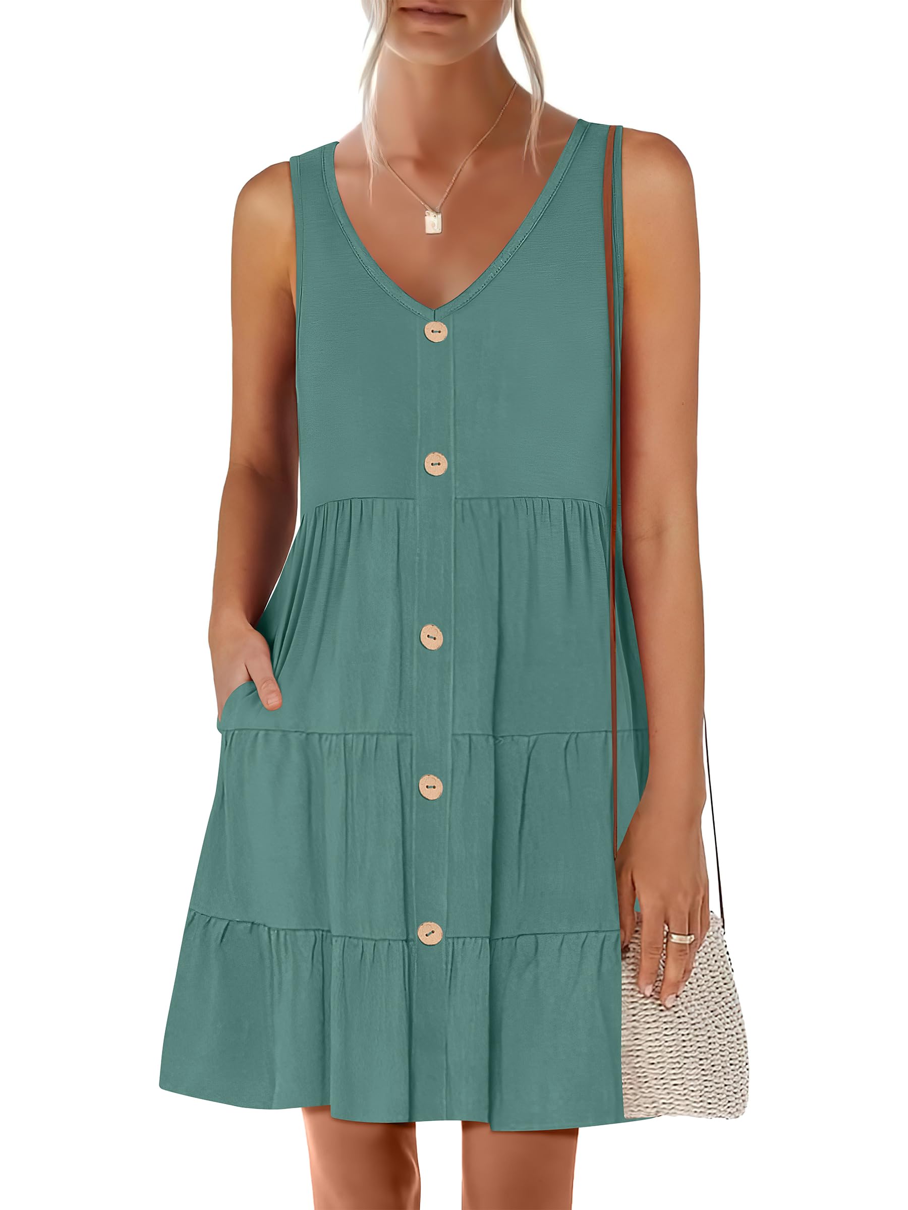 ANRABESS Womens Summer Beach Vacation Dresses V Neck Sleeveless Casual Button Down A Line Swing Mini Sundresses with Pockets