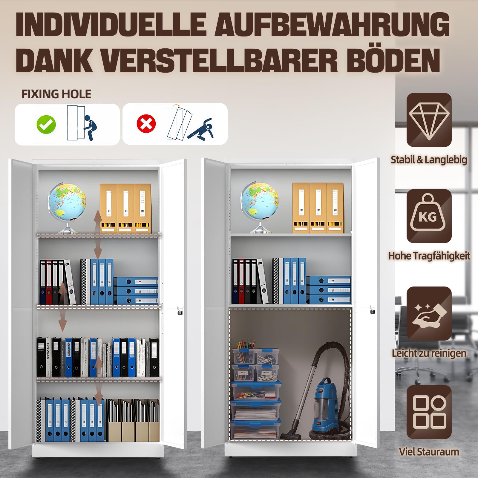 Aktenschrank，Aufbewahrungsschrank, Stahlspind, Abschließbarer Metallschrank mit Zahlenschloss, Verstellbare Regale, 180x80x40 cm, Mehrzweckschrank für Büro Garage & Haushalt, Weiß