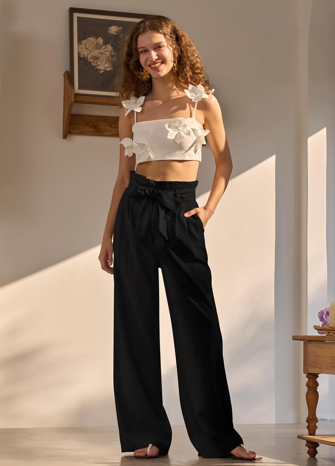 Women Linen Pants 2025 Paperbag Wide Leg Dress Pants High Waisted Work Slacks Tie Knot with Pockets 28"/30"/ 32" - Image 5