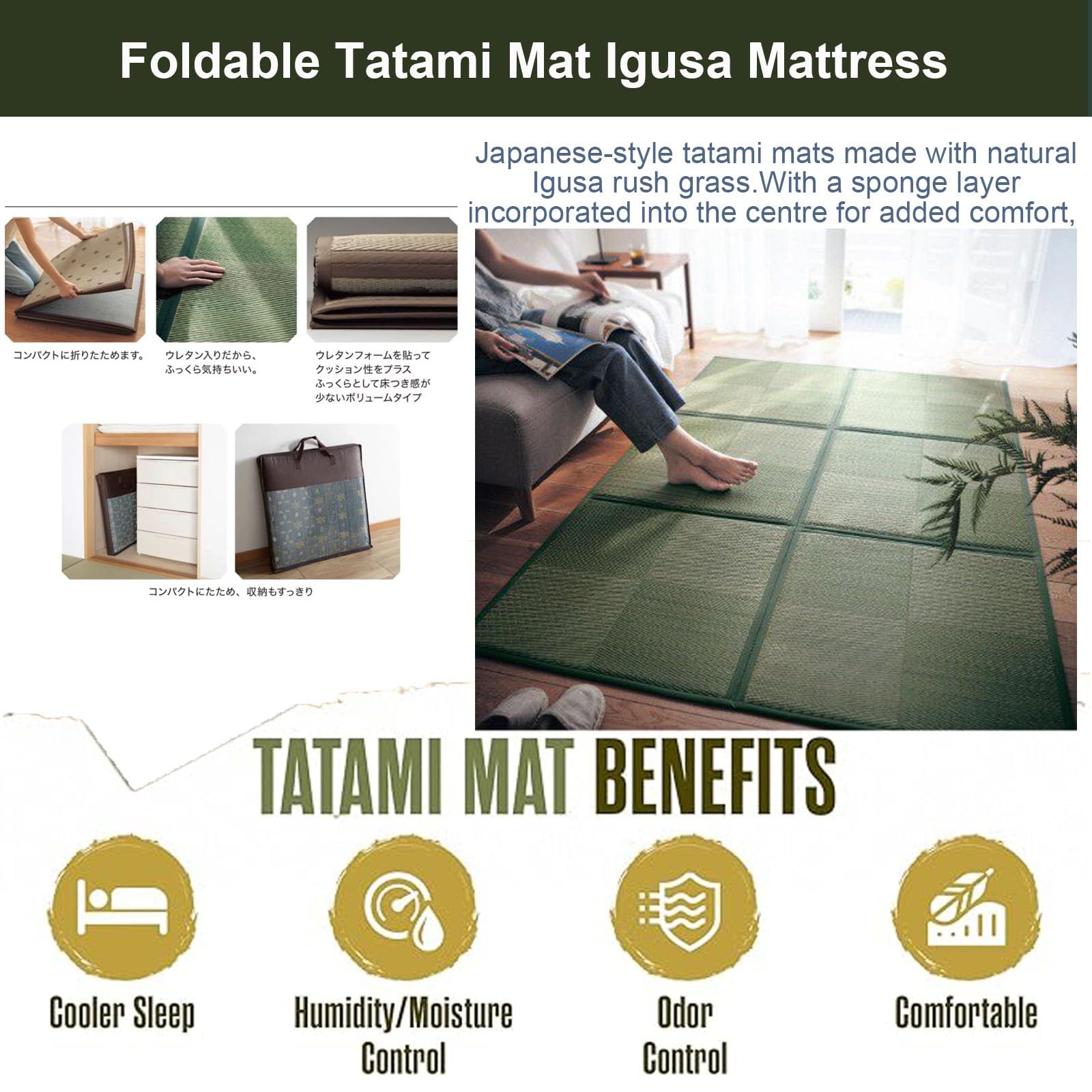 Esterilla Tatami Japonés Igusa Colchón de Suelo Alfombra Tapete de Juegos(Green,195x195cm)