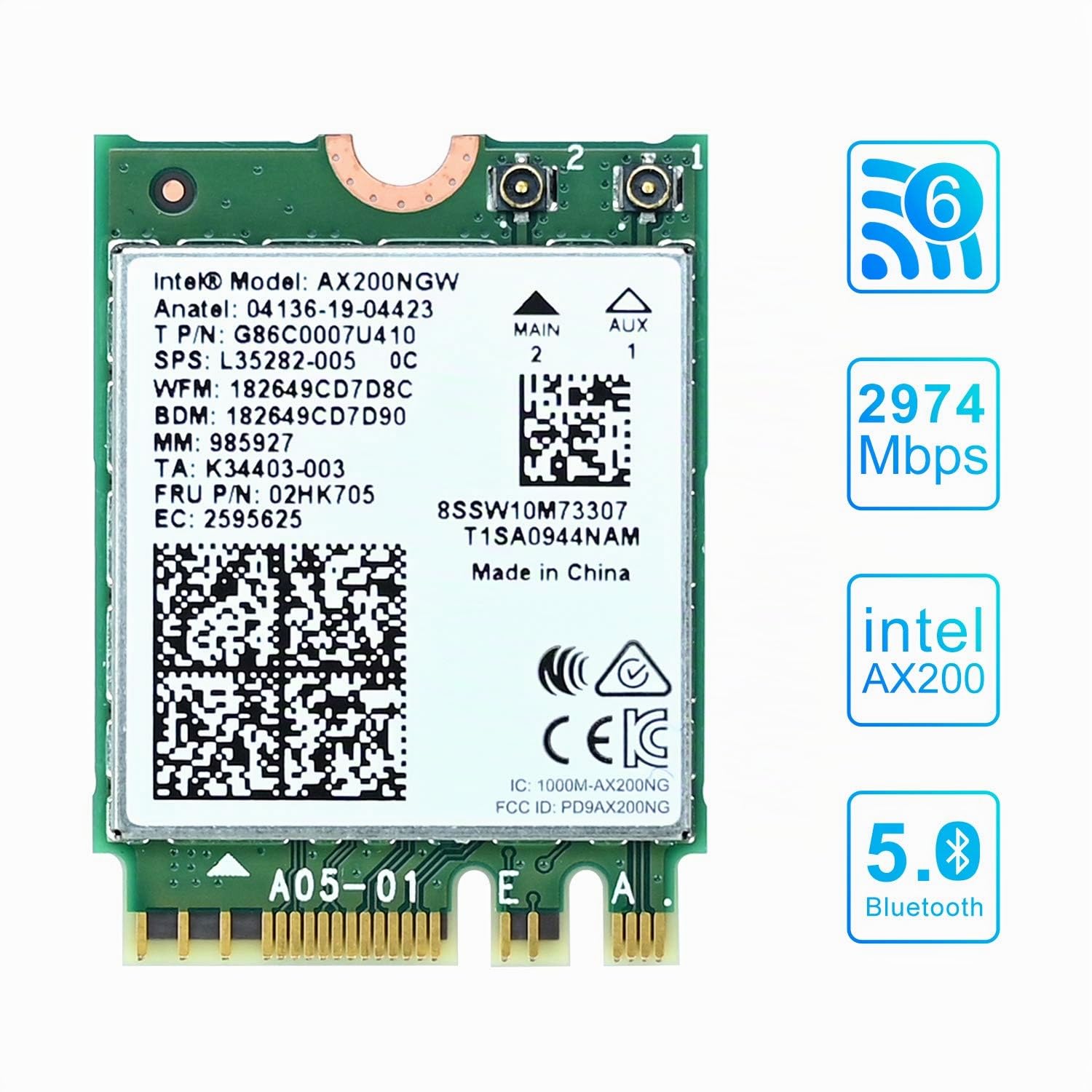Podazz WiFi 6 AX200 NGW - Tarjeta WiFi para PC de Doble Banda 5GHz 2400Mbps/2.4GHz 574Mbps, Adaptador de Red WiFi Inalámbrico, Compatible con Bluetooth 5.0 | MU-MIMO |