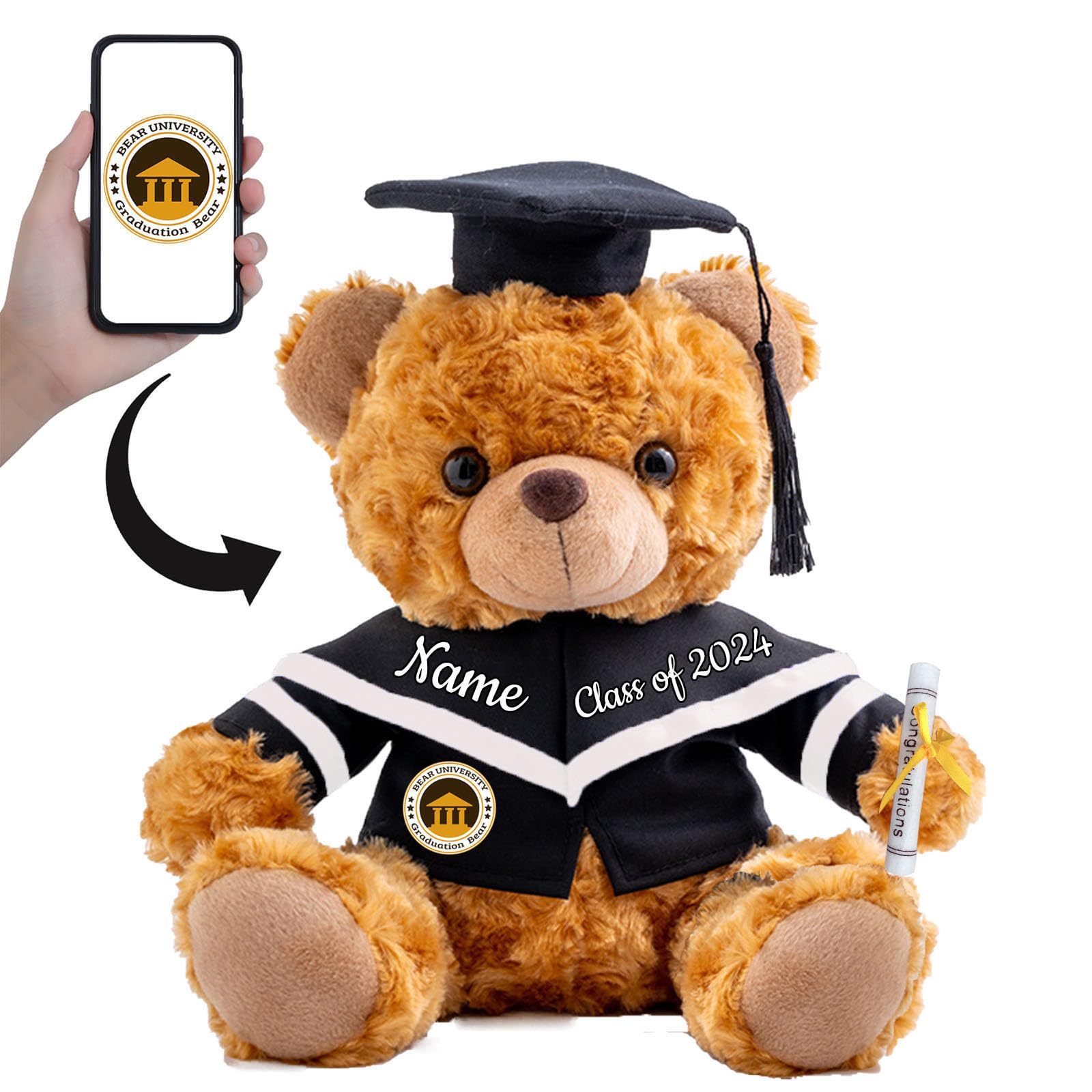 Graduation Bear Class of 2024 Personalised Graduation Gifts with Custom Text+Photo, Teddy Bear Stuffed Animal as Graduation Gifts for Her 2024 High School College Graduation Gifts (10-IN-Text+Image)