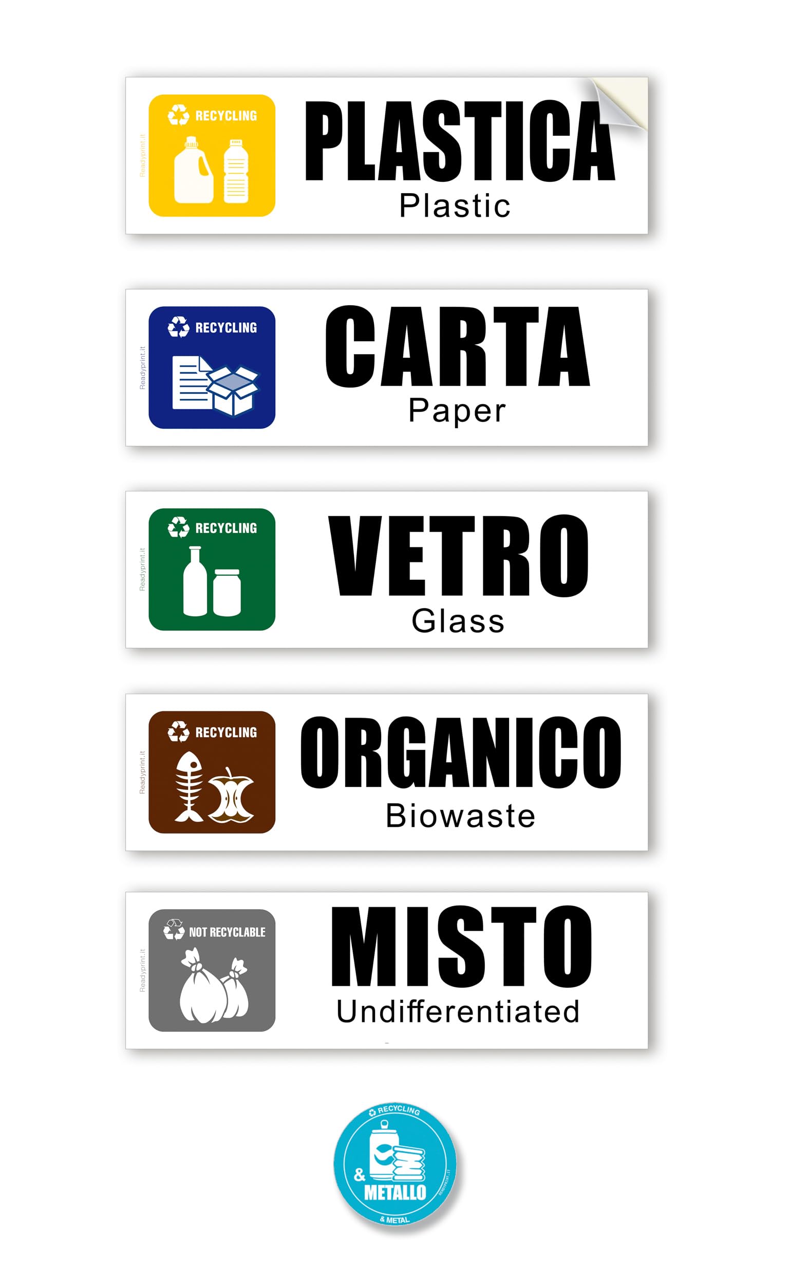 YIKIADA Set di 8 adesivi autoadesivi in vinile per bidoni della raccolta differenziata, impermeabili, rimovibili, per interni ed esterni, cucina, 150 x 50 mm