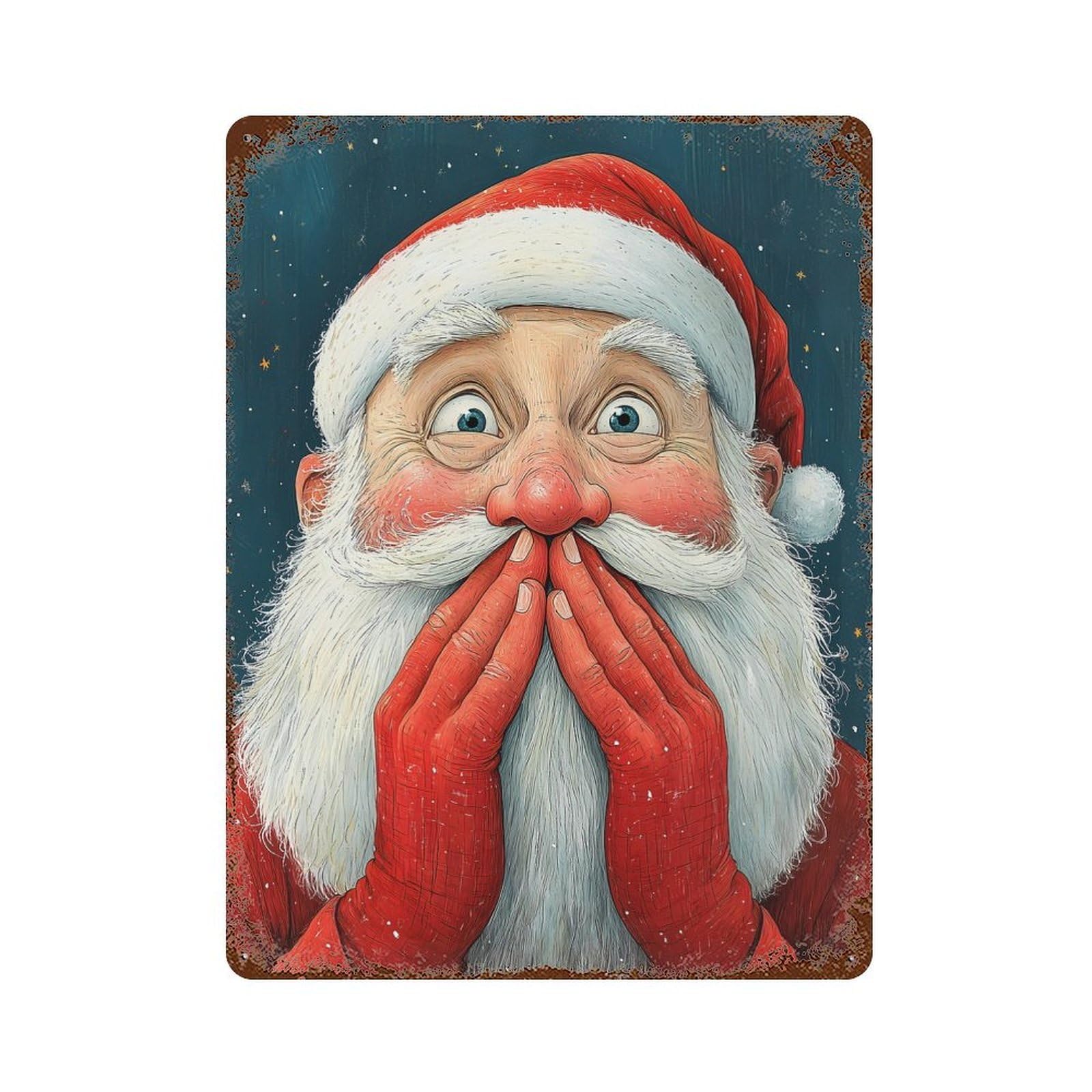 Garage Style Surprised Santa Claus Aged Metal Wall Plaque 15.7"x11.8", Farmhouse Wall Decor for Bar And Workshop