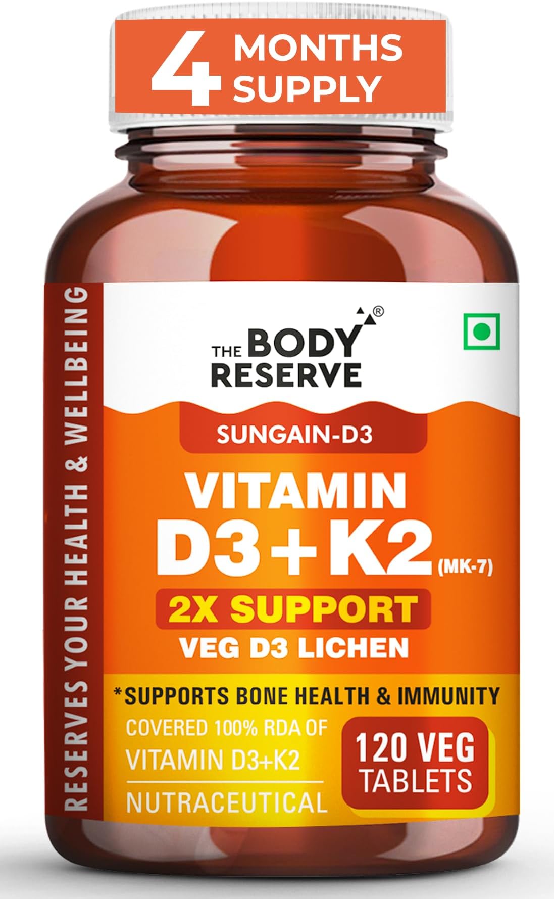 The Body Reserve Vitamin D3 K2 MK7-120 Veg Tablets, 100% RDA Plant-Based Vitamin D3 Supplement from Lichen Source with Vitamin K2 as MK7 Menaquinone