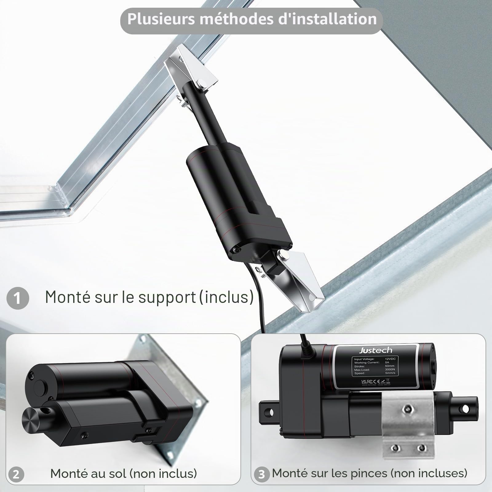 Justech Actionneur Linéaire 50mm 3000N/660LBS IP65 5mm/s Moteur Actionneurs Moteur Linéaire Actionneur Variable dB≦50 Ouvre-Porte Vérin de Levage 12V DC avec Moteur électrique CE et RoHS