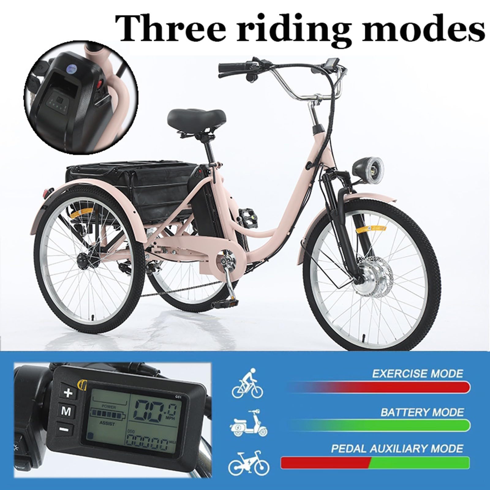 Tricycle électrique motorisé à 3 Roues Mobility pour Adultes et Seniors, 61 x 5 cm, Batterie Amovible 36 V/13 Ah, Panier Avant, Porte-Bagages arrière, Orange