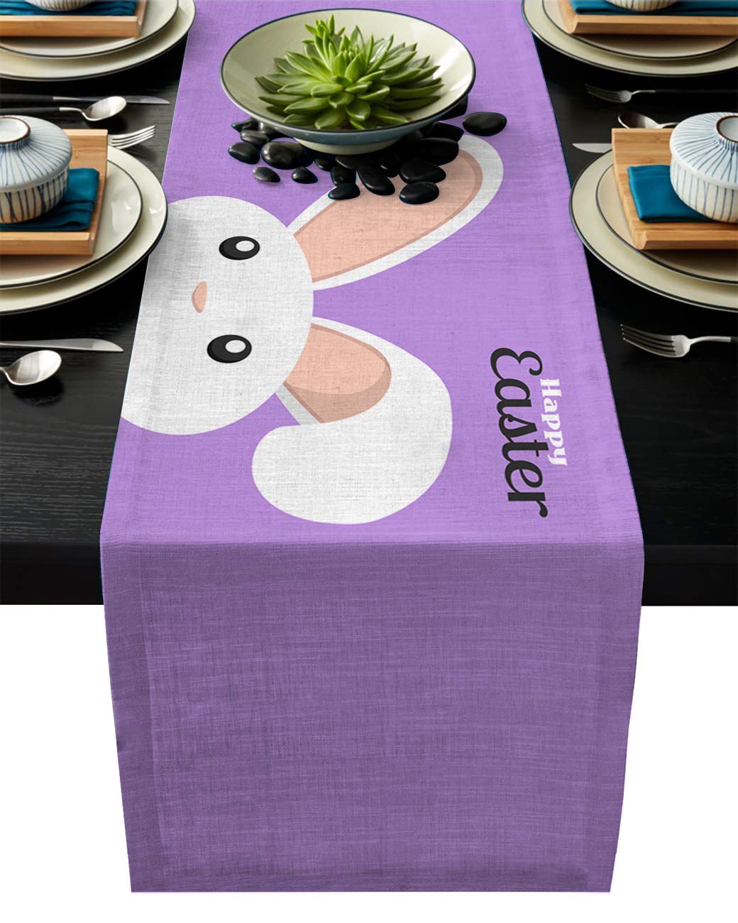 T&H XHome Durable Fabric Table Runner,Cute Cartoon Rabbit Happy Easter Purple Background Washable Linen Table Runners for ...