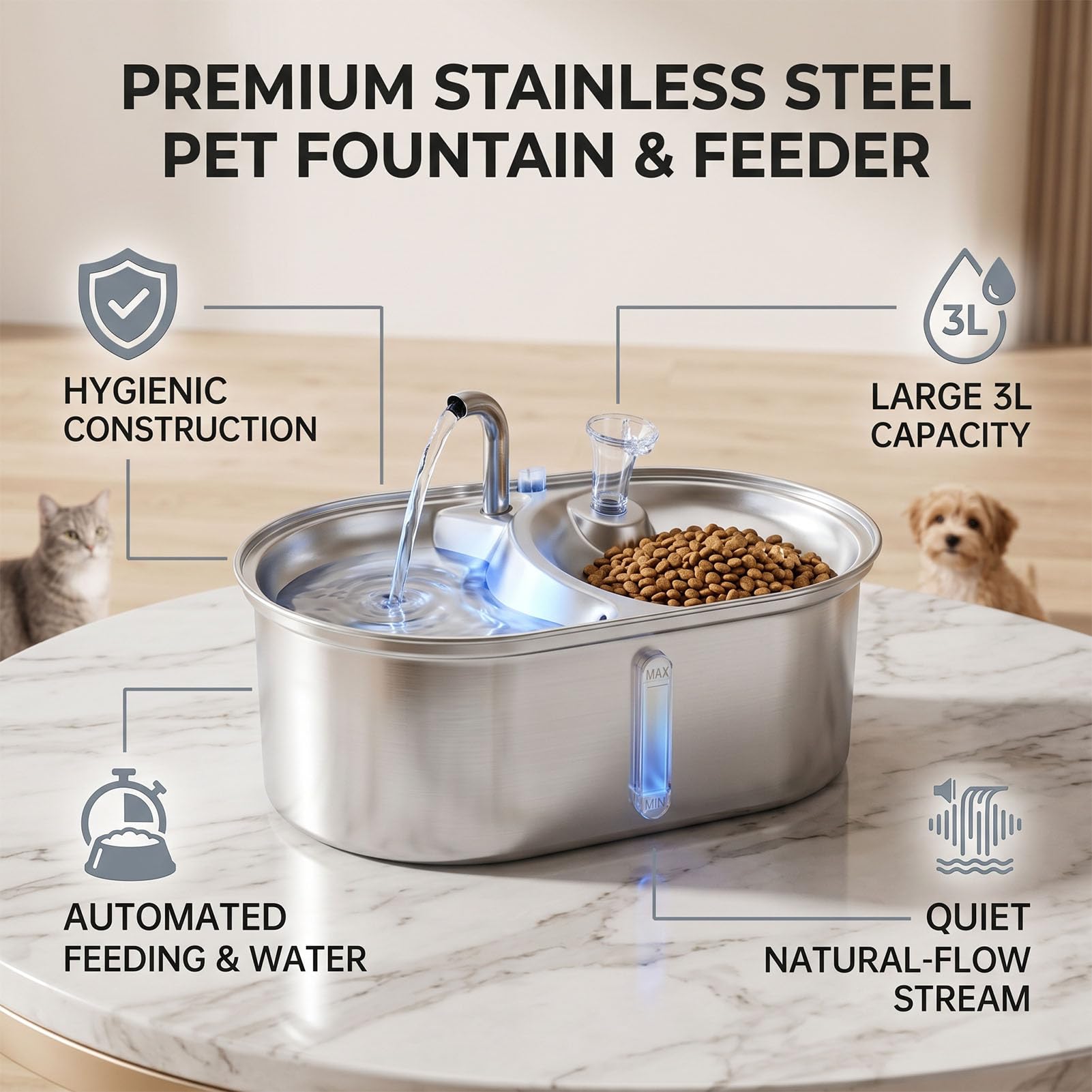 banapoy Fuente Agua para Gatos Cuenco Comida, Actualización 2 en 1, Dispensador Agua Acero Inoxidable 3 litros, Alimentador Alimentos para Perros Pequeños Gatos, Suministros Beber
