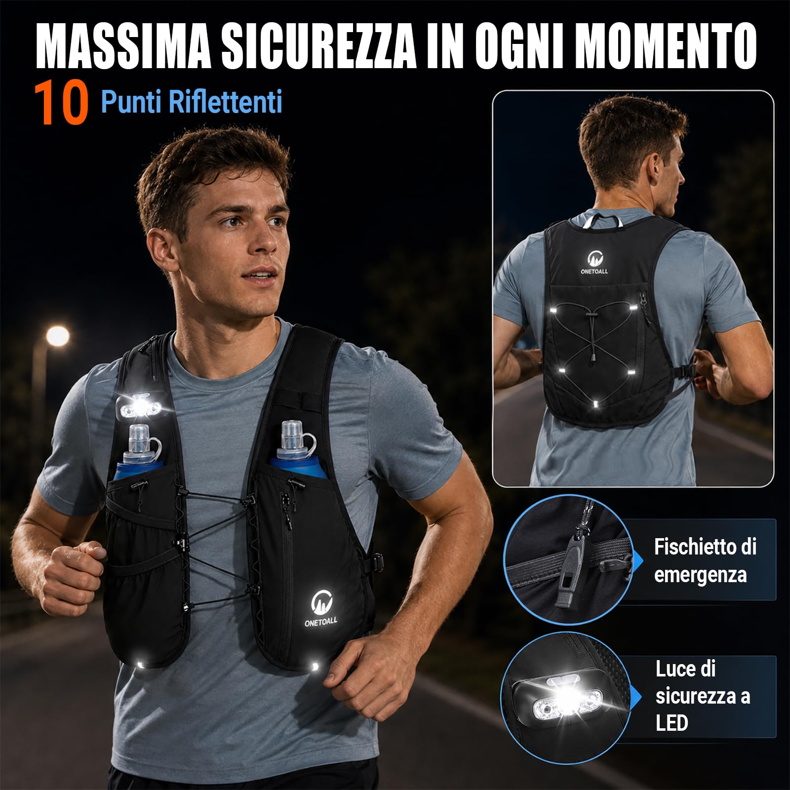 Gilet Running Uomo Donna, Zaino Trail Running, Running Vest con 2X Borraccia Morbida 500ml y Luce LED Ricaricabile, Gilet Corsa Leggero per Ultrarunning Jogging Marathon Trekking Ciclismo