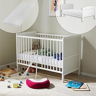 Kids Collective Babybett mitwachsend mit Matratze Kinderbett Gitterbett Beistellbett 60x120 Rausfallschutz Baby Kleinkind Kinder Bett komplett Set höhenverstellbar & herausnehmbare Sprossen Holz, weiß