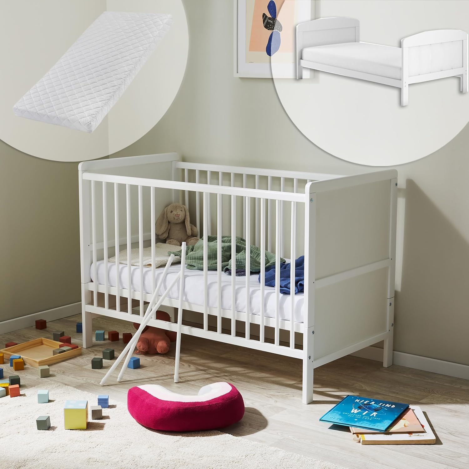 Kids Collective Babybett mitwachsend mit Matratze Kinderbett Gitterbett Beistellbett 60x120 Rausfallschutz Baby Kleinkind Kinder Bett komplett Set höhenverstellbar & herausnehmbare Sprossen Holz, weiß