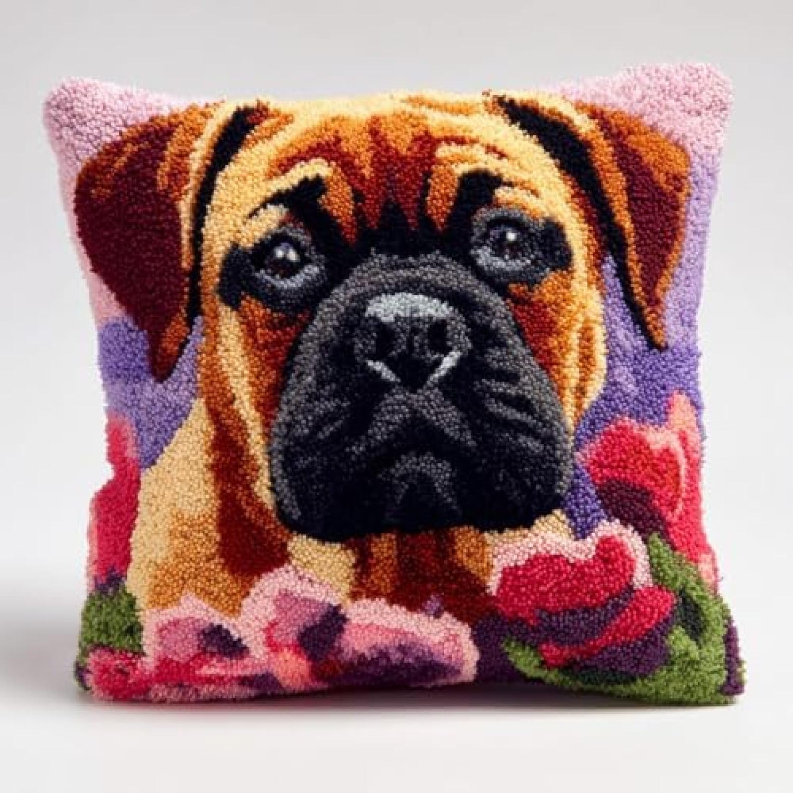 kitphoenix Adults Latch Hook Craft Kit,Bullmastiff Dog Portrait in Flowers,Cushion Cover Making Kit with Yarn and Hook,DIY Embroidery Pillow Cover Set,43x43 cm