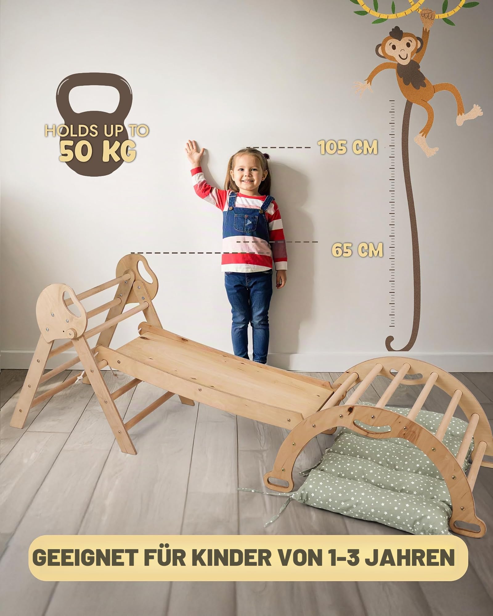 Goodevas Montessori Kletterdreieck Set | Klettergerüst Indoor Holz mit Dreieck, Wippe, Rutsche, Kissen & Kunst-Set, Umbaubar, 1-3 Jahre, Beige mit grünem Kissen