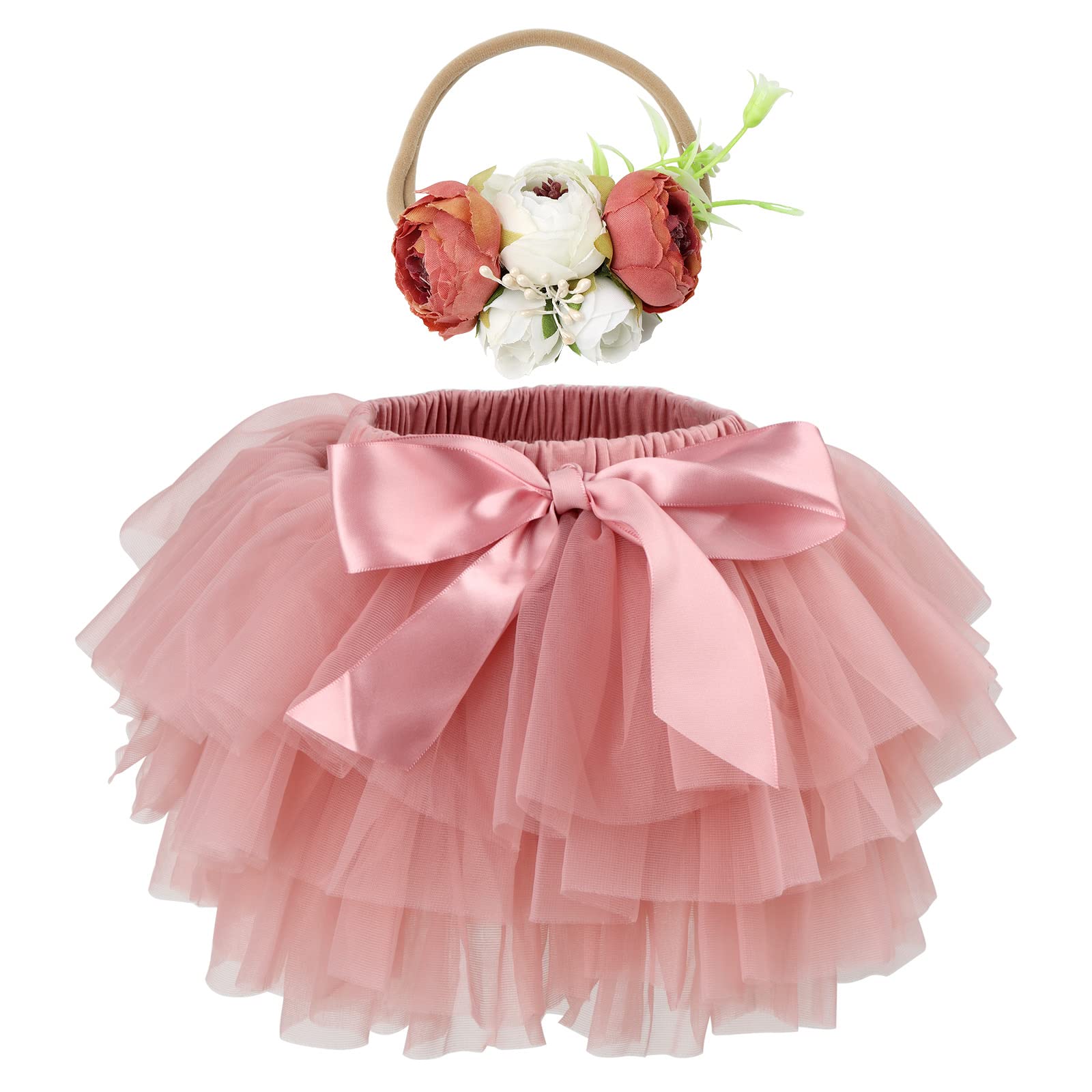 HOOLCHEAN Baby Girls Soft Tutu Skirt and Flower Headband Sets with Diaper Cover Dusty Pink, 1-2T