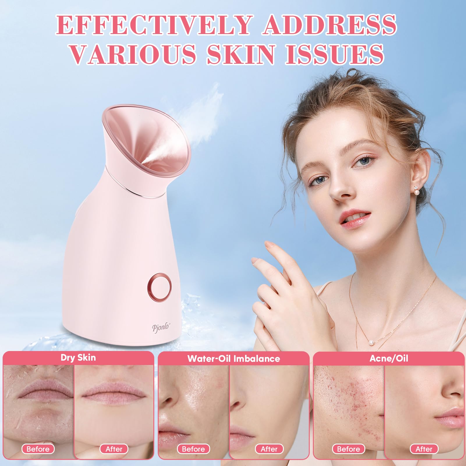 Pjordo Gesichtsdampfer für Gesichts-Tiefenreinigung, löst Poren, Nano-Ionen, warmer Nebel, Luftbefeuchter, Gesichtsdampfer, professioneller Heim-Sauna-Spa, Bonus 4-teiliges Edelstahl-Haut-Set
