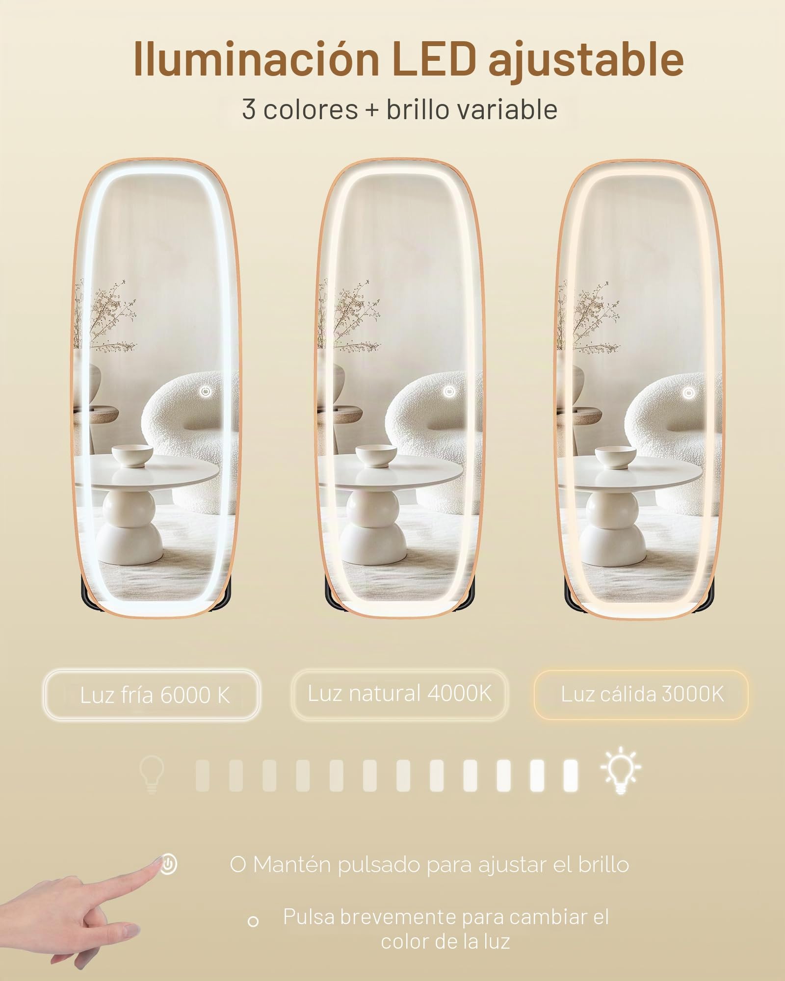 Hzuaneri Espejo de Cuerpo Entero con Luz LED 160x50 cm Espejo de Pie Curvo 3 Colores de Luz Brillo Ajustable Dorado