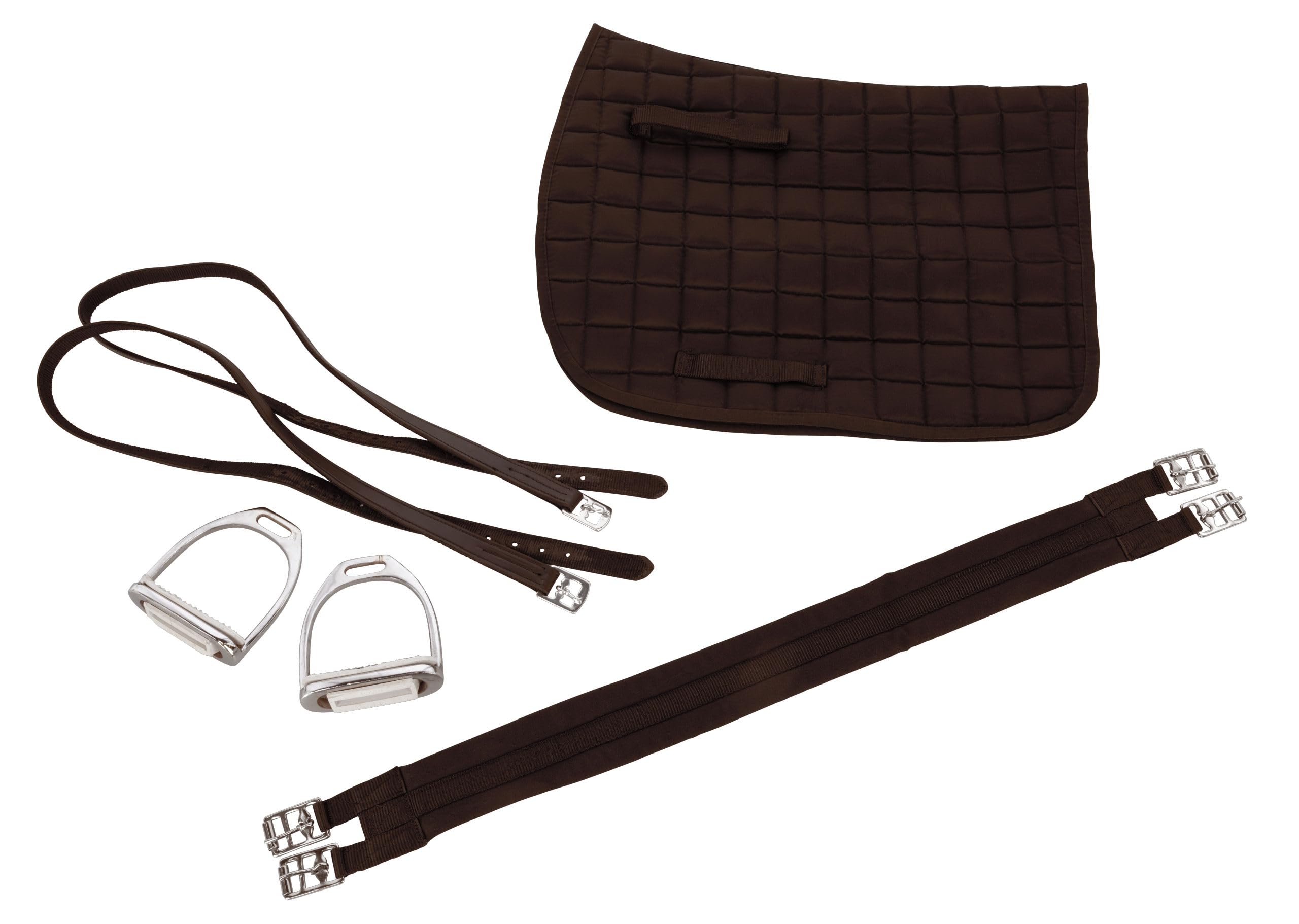 Covalliero Juego de silla de montar, Haflinger, marrón, 17,5 pulgadas, ancho de la silla 34,5 cm, longitud de la cincha 125 cm, cómoda, buen ajuste, incluye silla y mantilla.