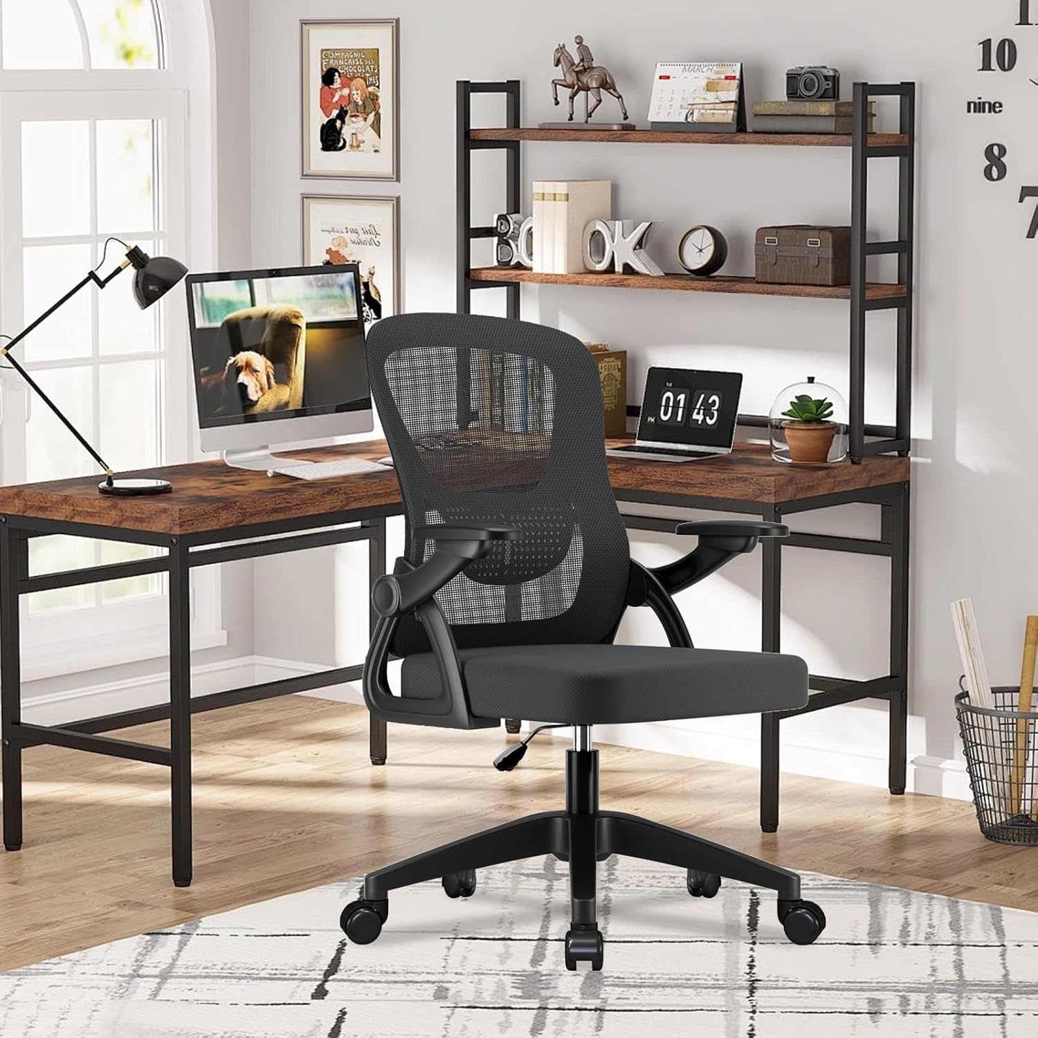 Silla de Oficina con Brazos Abatibles 90°, Malla Transpirable, Altura Regulable, Soporte Lumbar