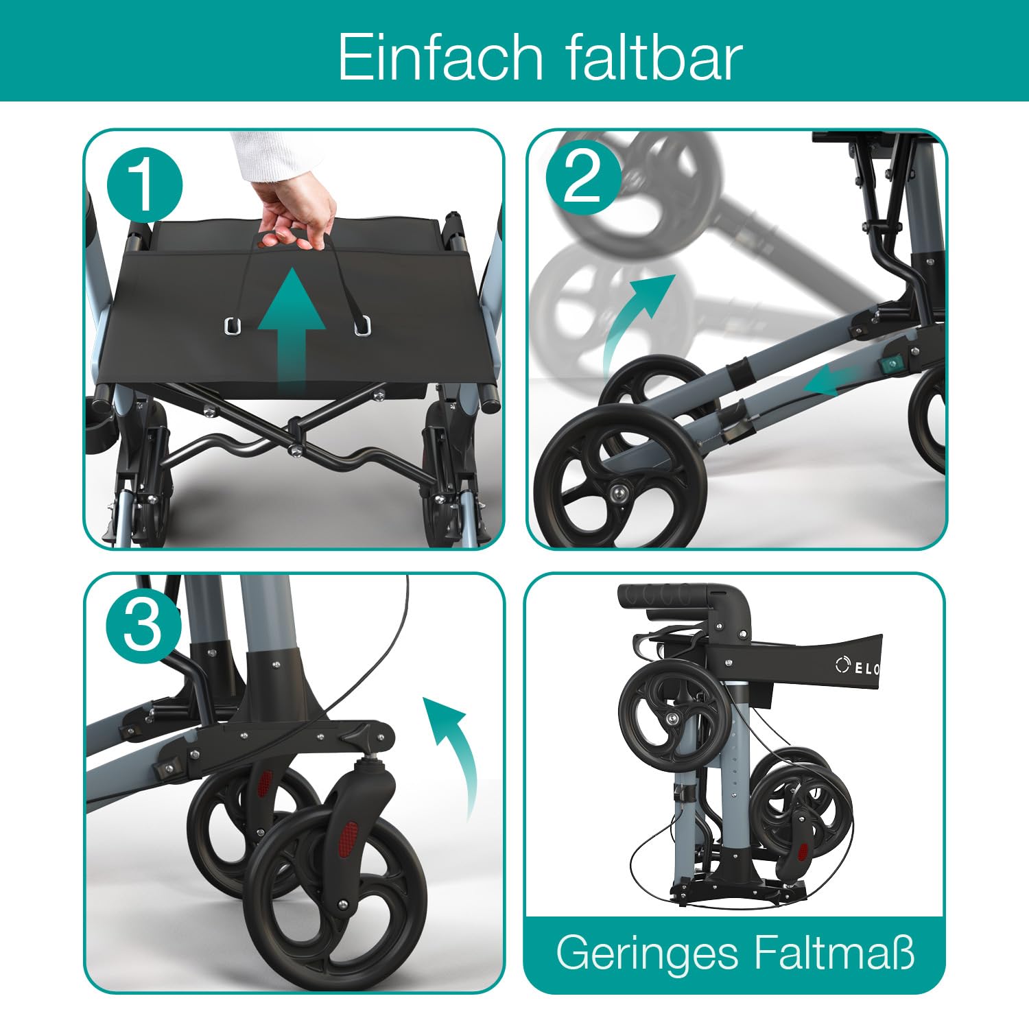 ELONEO Rollator faltbar und leicht mit Sitz, Leichtgewicht-Reiserollator aus Aluminium, Gehhilfe 8-fach höhenverstellbar, Laufhilfe 3-fach faltbar für Kofferraum, Tasche & Schirmhalter Anthrazit