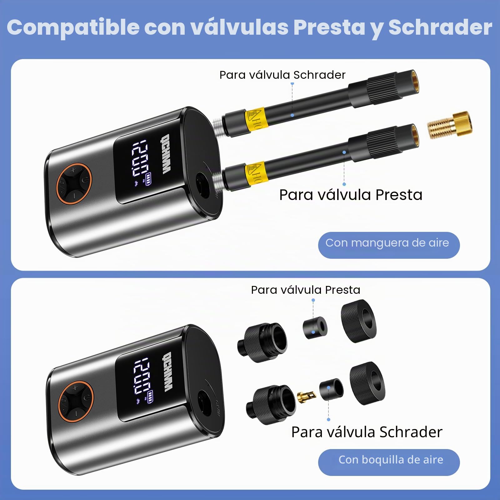 Bomba de bicicleta eléctrica, mini bomba de aire eléctrica para bicicleta, bomba de aire con manómetro para válvulas Schrader y Presta, bomba de aire de batería de 120 psi, unidades PSI/bar, apagado