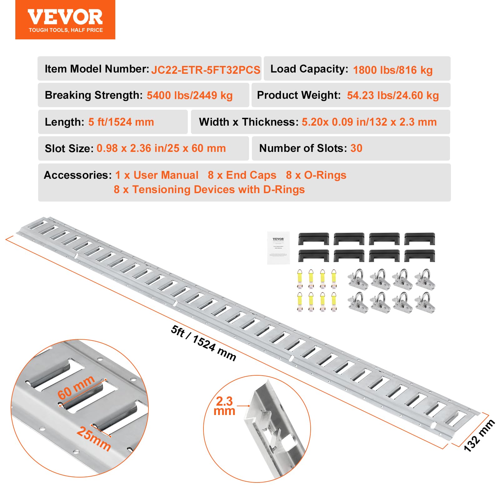 VEVOR Zurrschienen 34 STK. Airlineschienen, Silber Transportschiene, 454 kg Max. Tragfähigkeit Ankerschiene, 1,52 m Schienenlänge Stäbchenzurrschiene zur Ladungssicherung für Anhänger und Wohnmobile