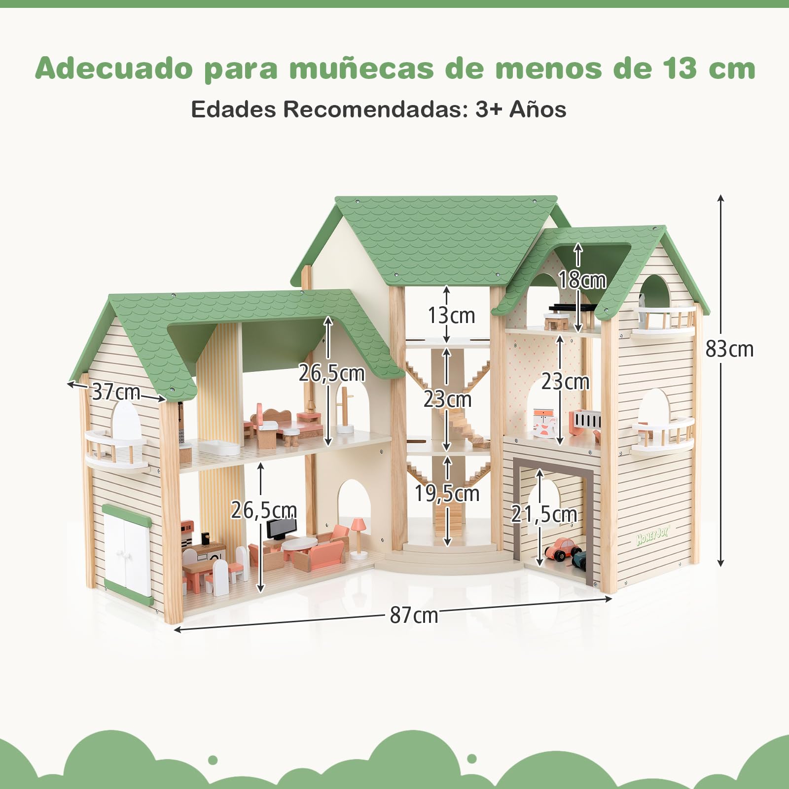 COSTWAY Casa de Muñecas Esquinera de Madera, Casita Infantil con Techo Verde con 36 Muebles y Accesorios, Casa de Ensueño con 3 Pisos, 6 Habitaciones, Balcones y Garaje, para Niños de 3+ Años
