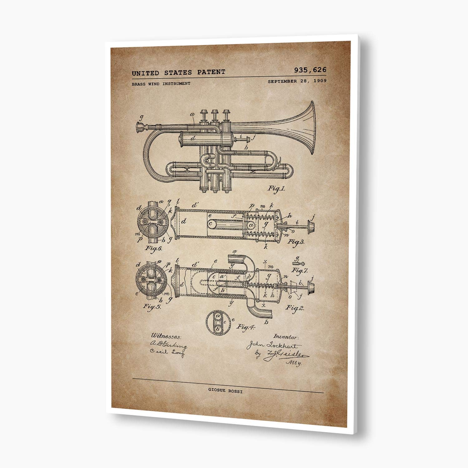 Brass Wind Trumpet Patent Poster; Musical Decor, Gifts Under $20