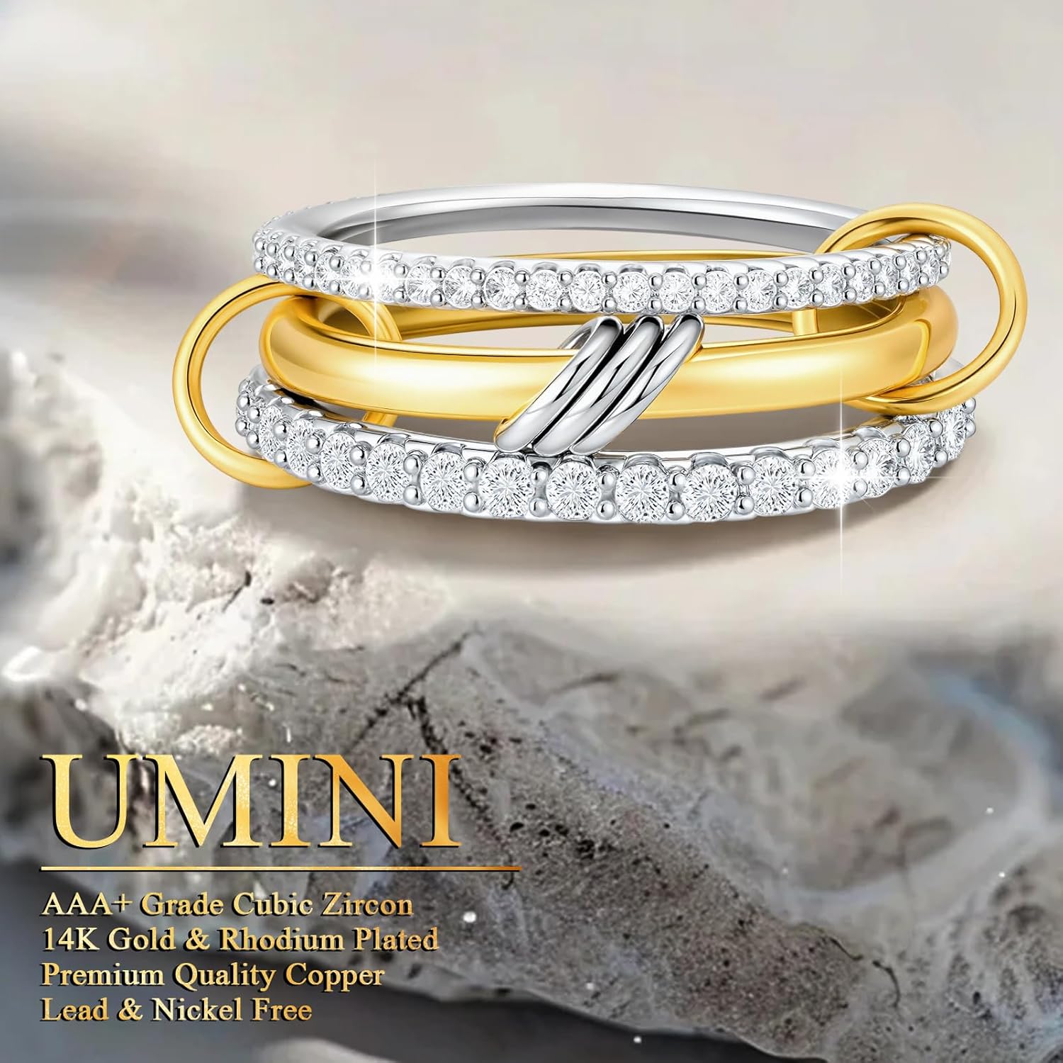 18K Gold plated Stackable Rings For Women Silver And Gold Stackable Ring Set Cubic Zircon Mixed Metal Rings For Engagement Wedding Birthday Valentine's Day Mother's Day Gift - Image 2