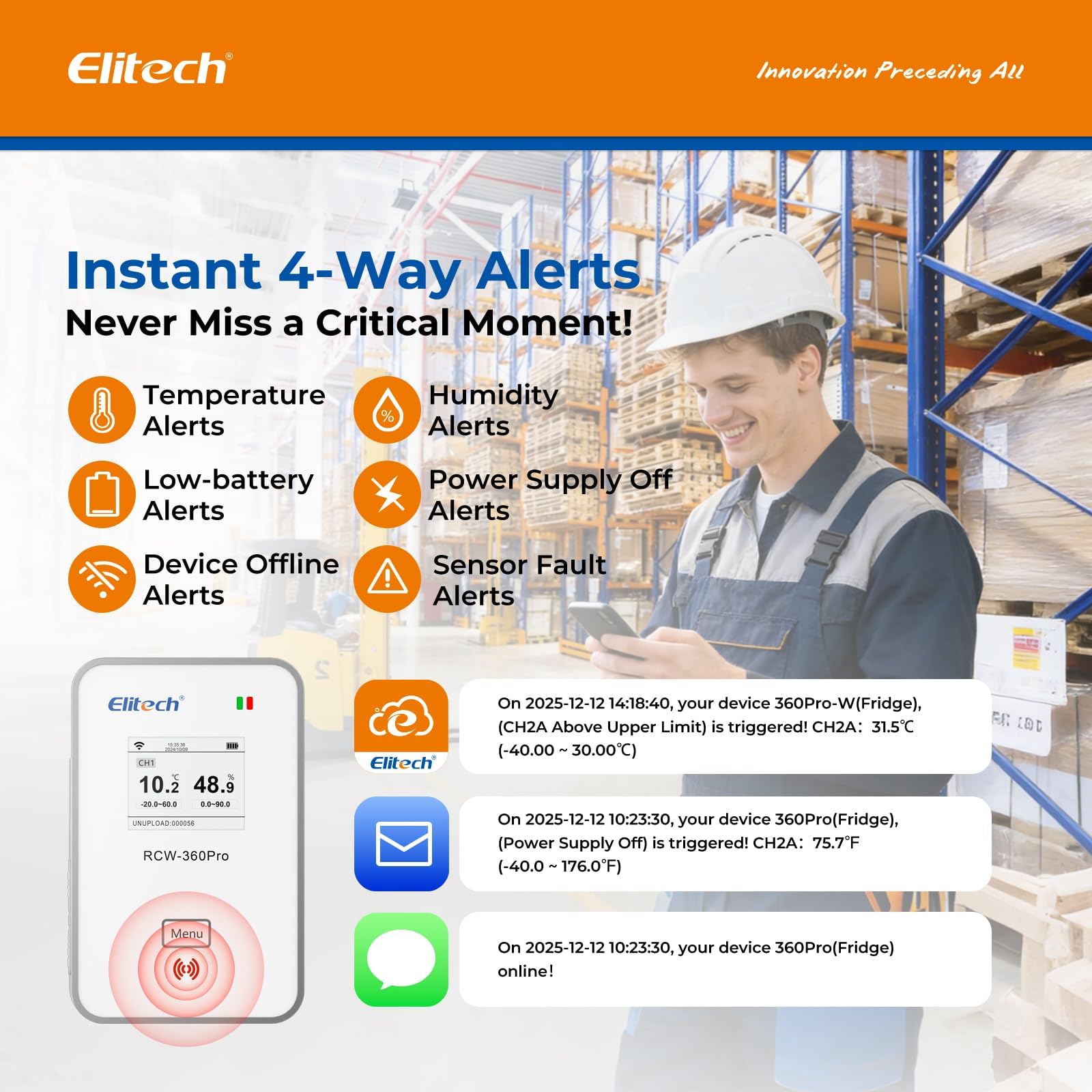 Elitech Enregistreur de Température Humidité 4G + WiFi 2,4G/5G En Temps Réel, Enregistreur de Données avec Deux Interfaces pour Sondes Interchangeables, APP Cloud, Sondes Non Incluses