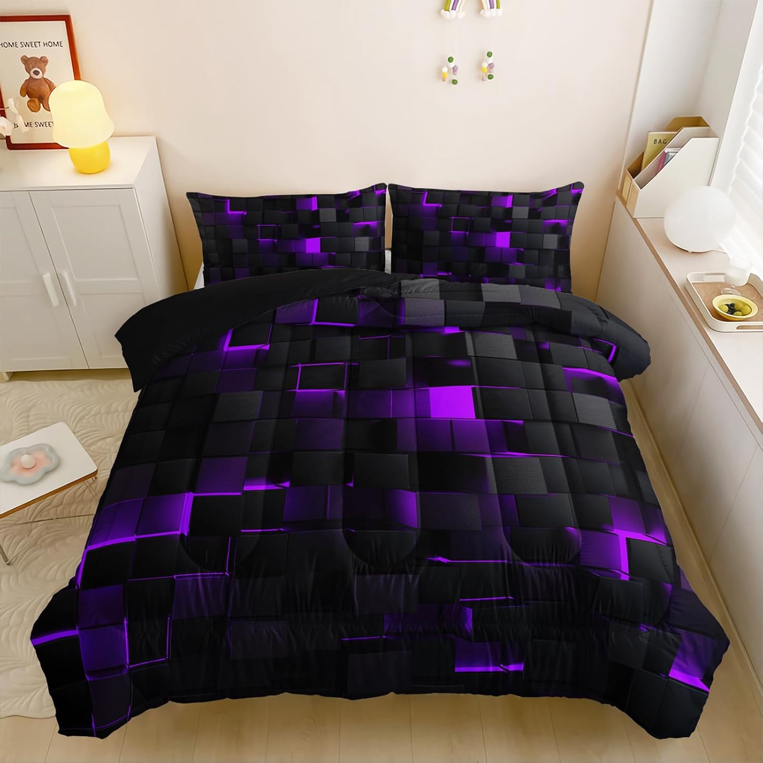 Neon Purple Black Comforter Set Full Geometric Kids Bedding Set,3 PCS Geometry Honeycomb Bed Set Modern Quilt Set 1 Comforter 2 Pillow Cases Cool Room Decor All Season B-Side Black - Image 3