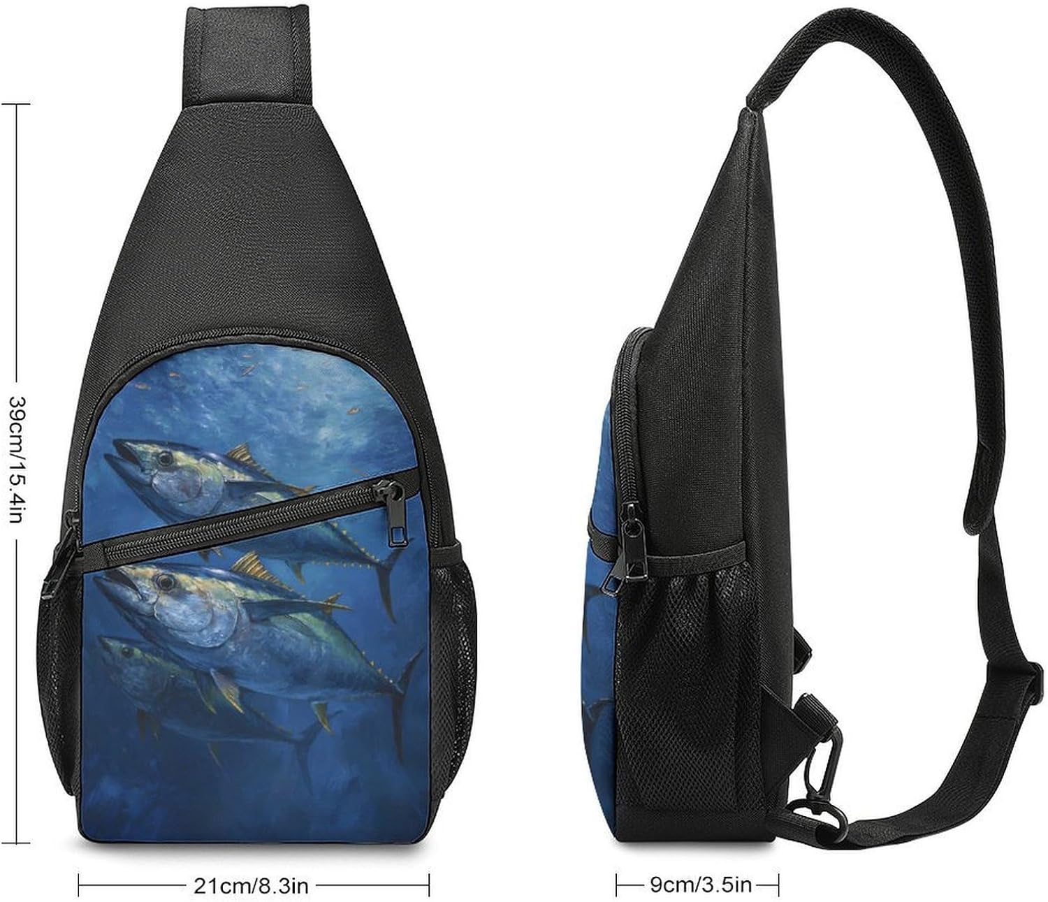 Tuna Fish in Ocean Crossbody Sling Backpack Chest Bag Daypack | unisex,trendy,with convertible and detachable shoulder strap,side pockets