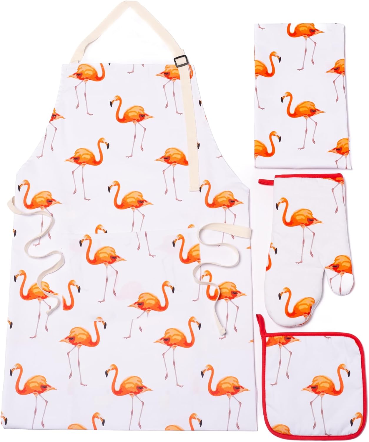 Kitchen Set - Flamingo Apron, Kitchen Towel, Pot Holder, Oven Glove (Smock, Tea Towel, Oven Mitt, Hot Plate Pad)