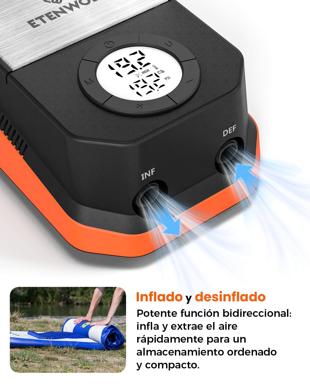 ETENWOLF S4 Inflador Paddle Surf Electrico - 1,4 Bar de Alta Presión 12V CC | Bomba de Aire con Parada Automática y Deflación - 4 Veces Más Rápida - para Barco, Stand Up Paddle Board y Kayak