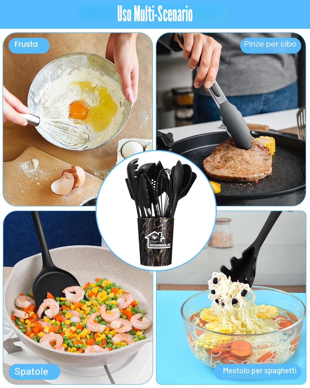18 Pezzi Utensili Cucina Silicone, Antiaderente resistente al calore,Set di Utensili da Cucina in Silicone,Lavabile in lavastoviglie,Set Mestoli Cucina,Accessori Cucina con contenitore(Nero)