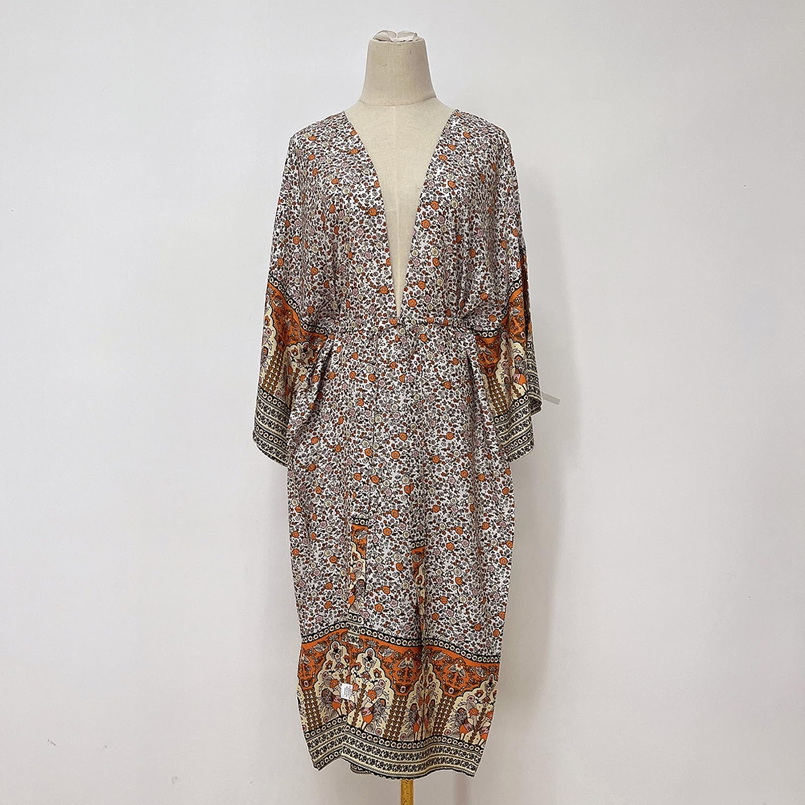 Traje de baño tipo kimono de manga larga para mujer, con flores, frente abierto, holgado, chal, vestido de playa con cinturón