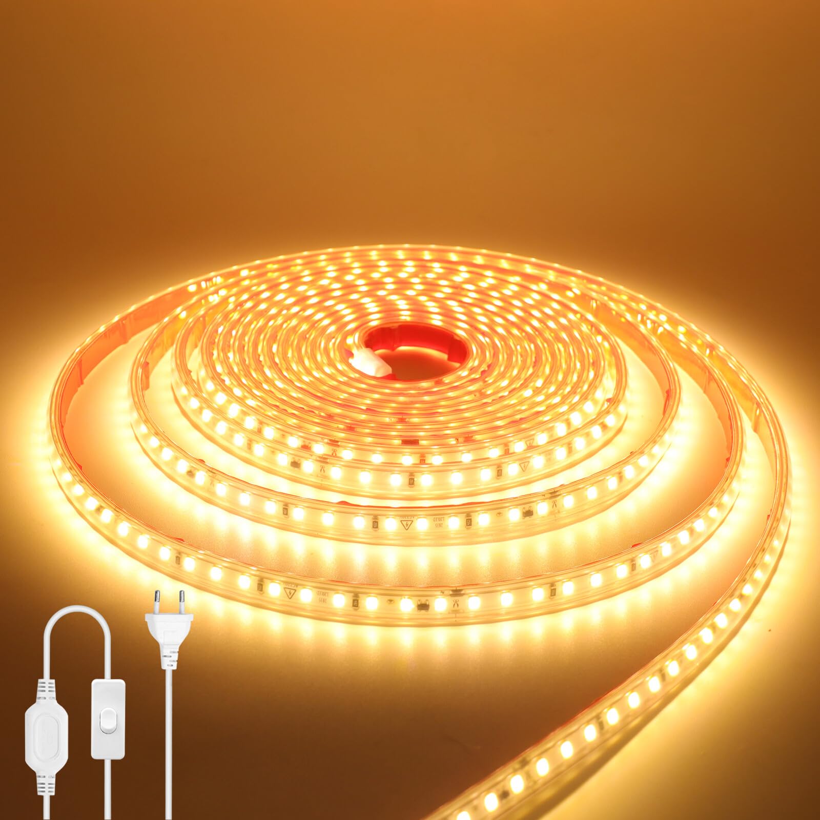 Striscia LED 220V [7M, Bianco Caldo 3000-3500K], con impostazione ON/OFF, 120LEDs/m Striscia LED impermeabile IP65 flessibile e tagliabile CRI90+, illuminazione decorativa per casa e negozi