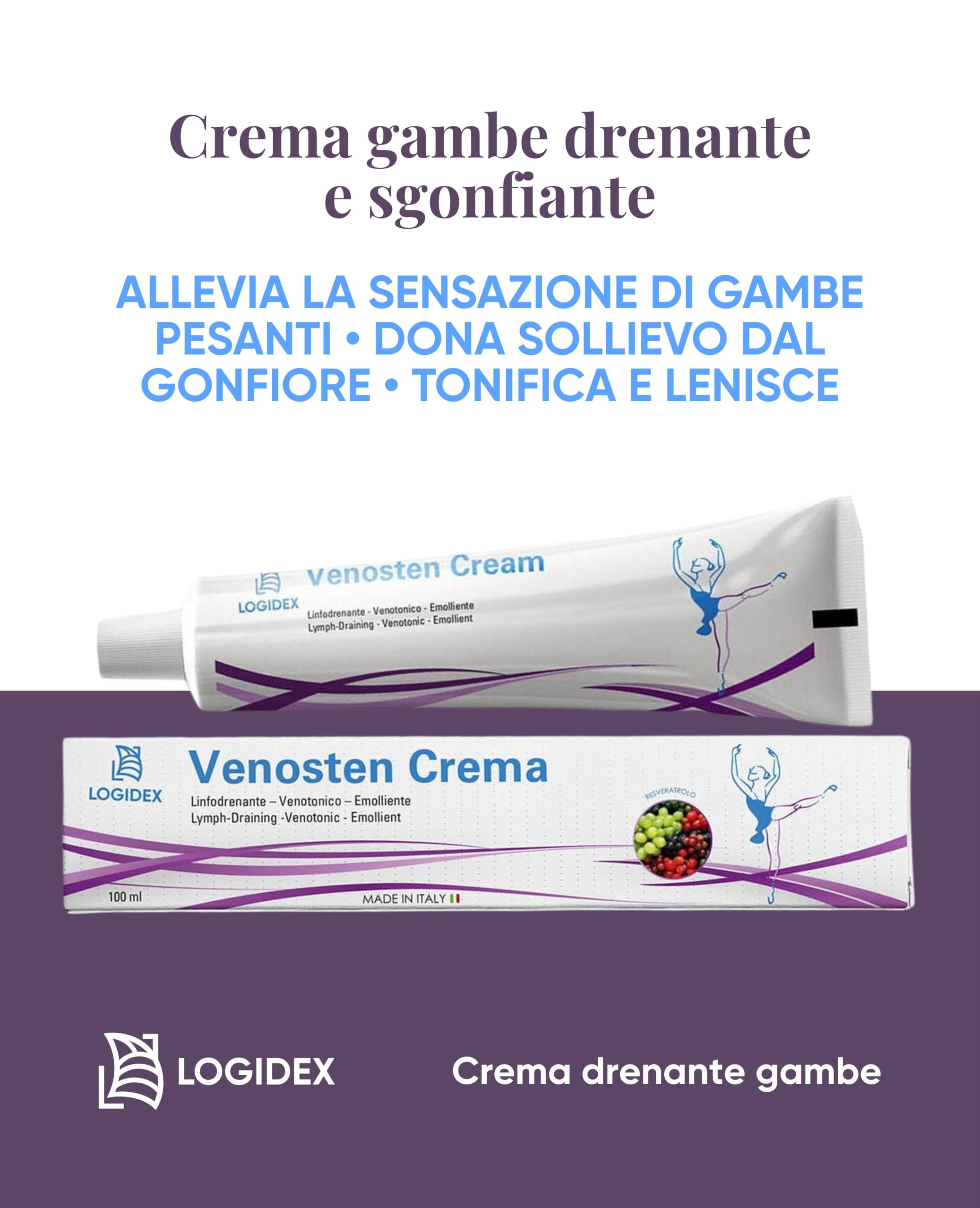 Venosten - Crema Vene Varicose e Capillari – Linfodrenante e Venotonica per Gambe Pesanti, Gonfie - con Resveratrolo, Troxerutina, Diosmina ed Escina - 100 ml - Logidex
