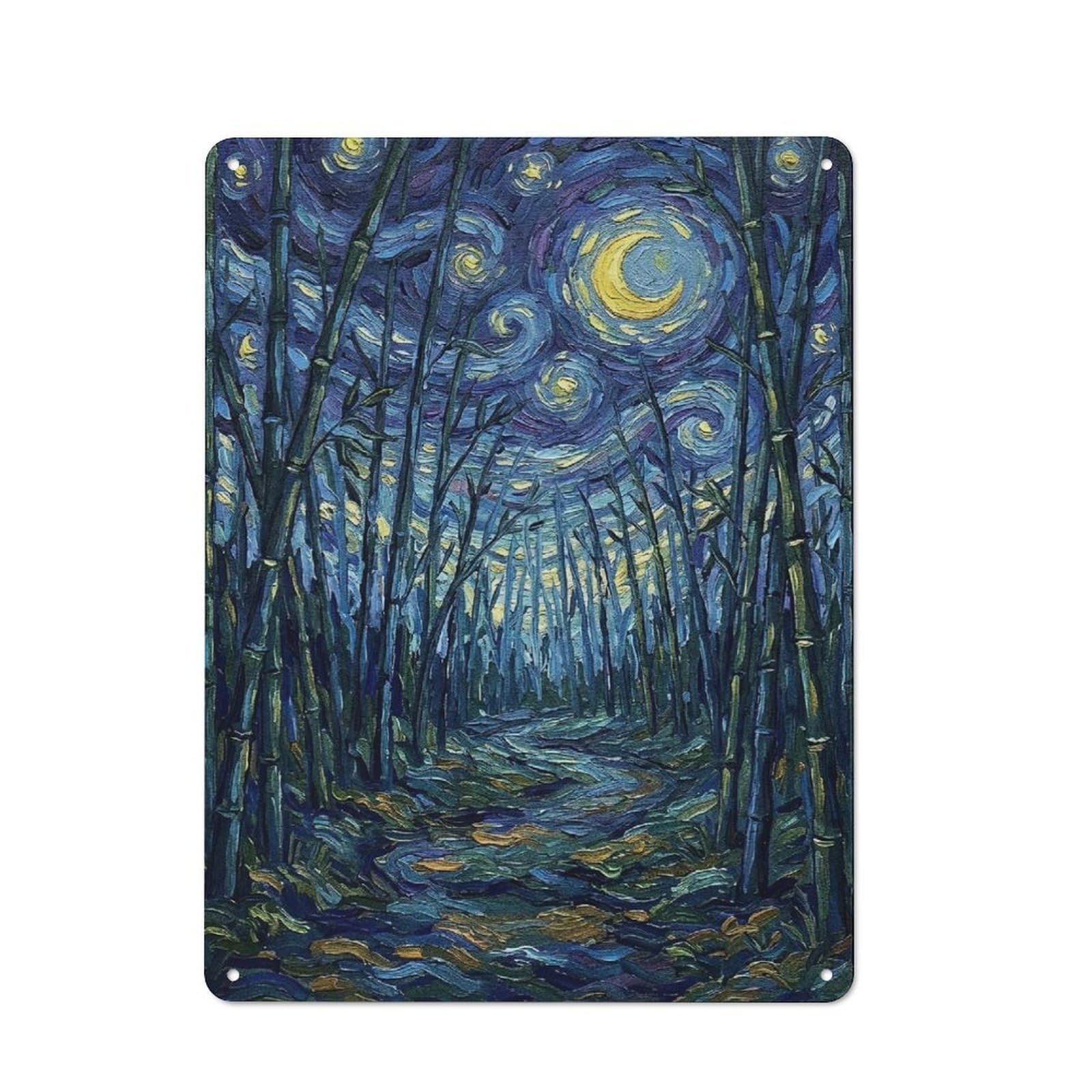 Vintage Metal Plaque 40x30cm Featuring Bamboo Forest Under Starry Night Painting, Diner Style Decor for Restaurant, Kitchen, Counter Or Breakfast Nook