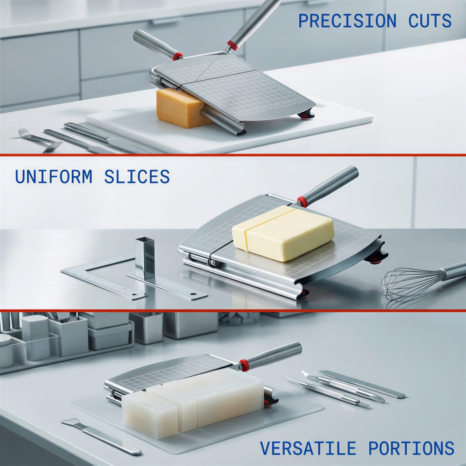 Verstellbarer Edelstahl-Cutter, Käseschneider mit Skalenraster-Basis, Butter- und Portionsschneider mit ergonomischem Griff, für Hart- und Weichkäse, Seife, Blöcke, Silber