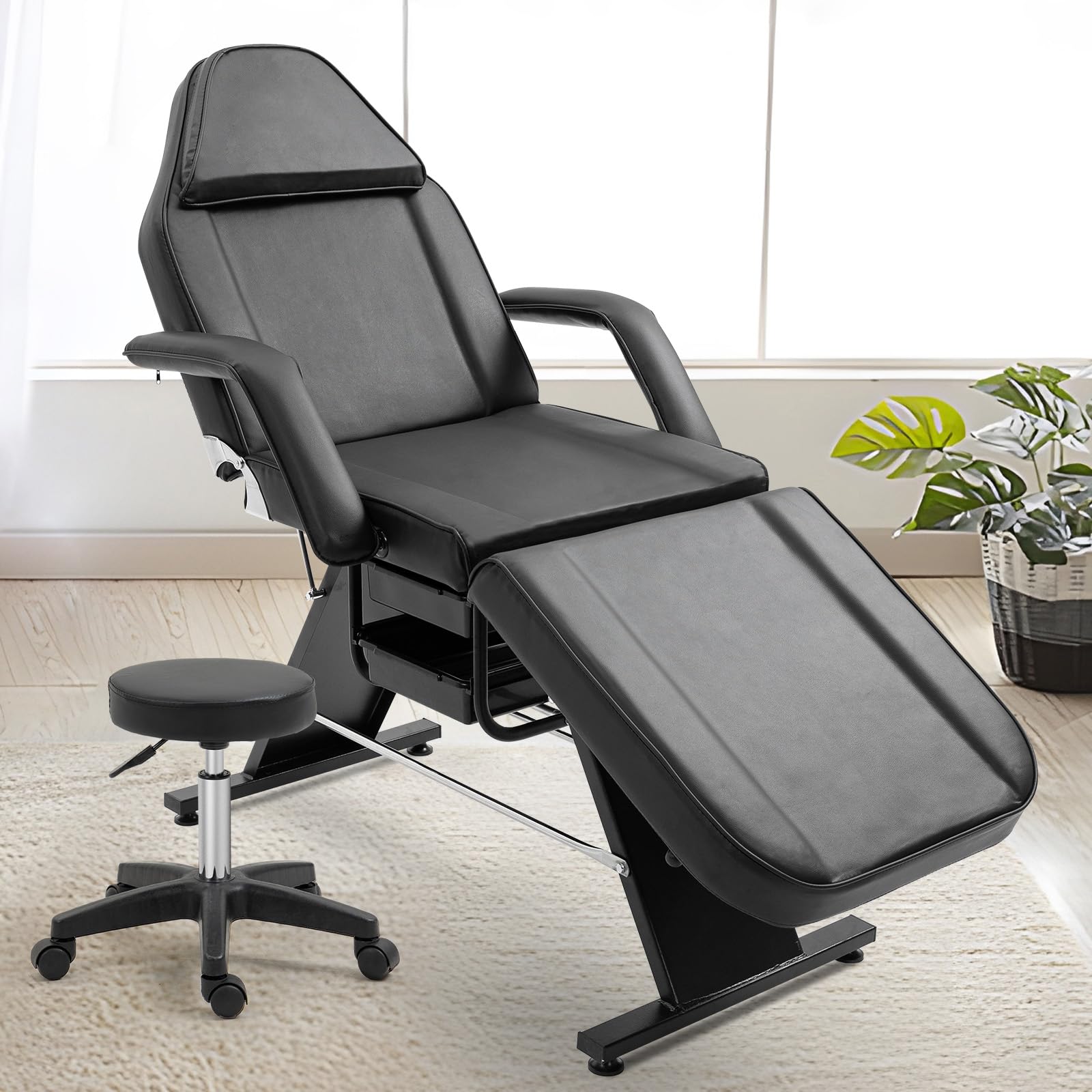 Tatub Tattoo Chair for Clients, Adjustable Facial Chair Bed for Esthetician, Professional Massage Spa Salon Bed Chair, Folding Lash Bed with Hydraulic Stool, Eyebrow Chair with Storage Box, New Black