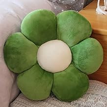 Sunflower Motif 6 Petal Cute Preppy Decorative Throw Pillow|Floor Cushion with Fibre Filling for Aesthetic Decoration (T-Green, 25CM)