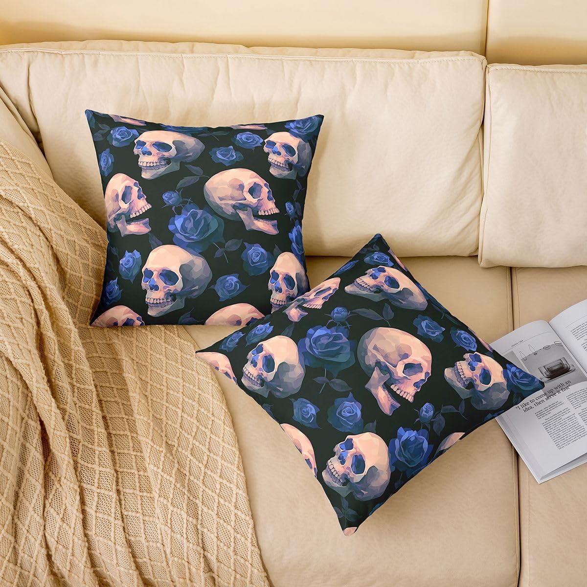 Erosebridal White Blue Sugar Skull Skeleton Set of 2 Throw Pillow Covers 24x24 Inch | Gothic Flowers Rose Cushion Covers Valentine Floral Cushion Cases Adults Women Decorative Pillowcases