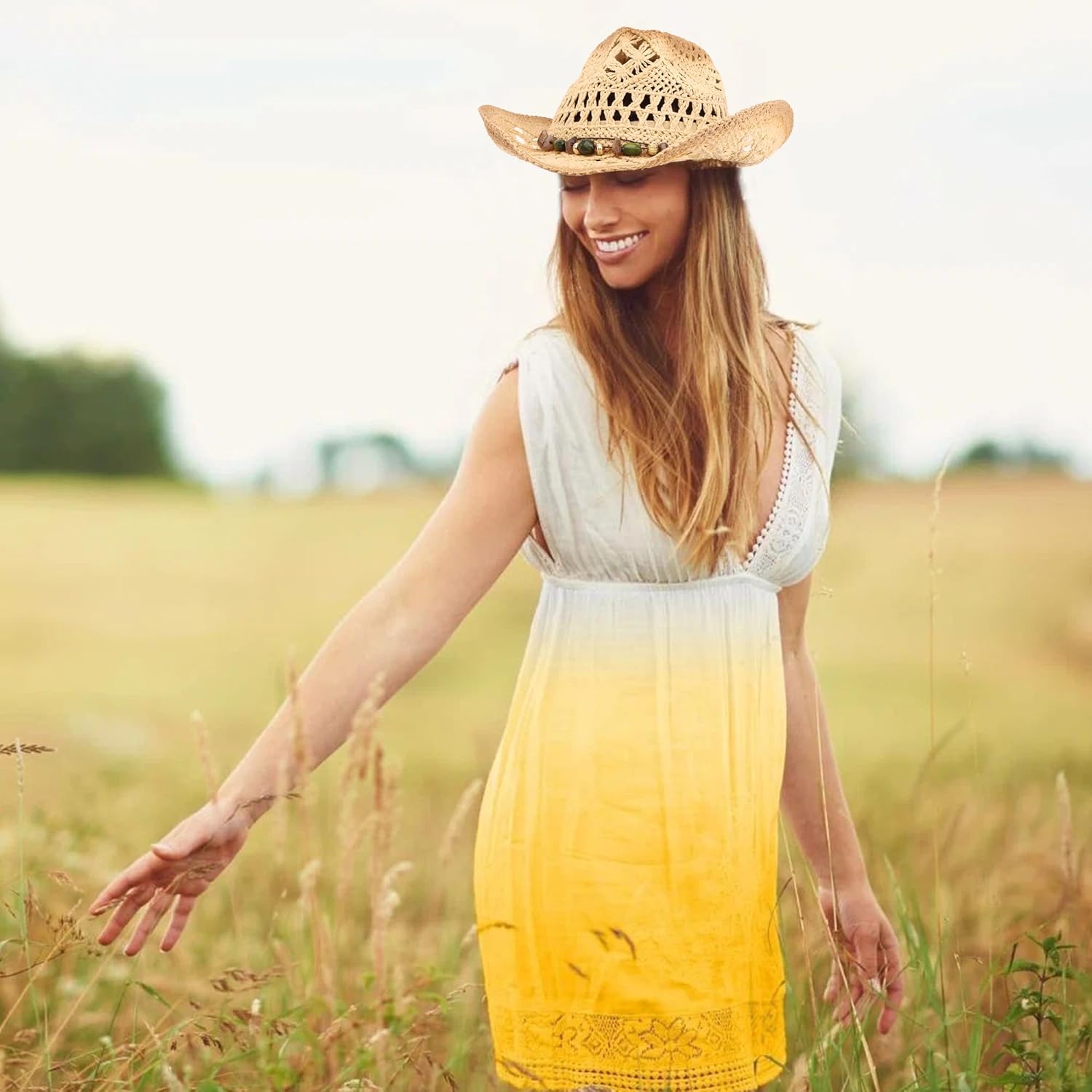 Straw Hats for Women Straw Cowboy Hat Cowgirl Hat Beach Cowboy Hats for Women Western Beach Coastal Cowgirl Hat with 6 Replacement Decorative Bands Beige - Image 6
