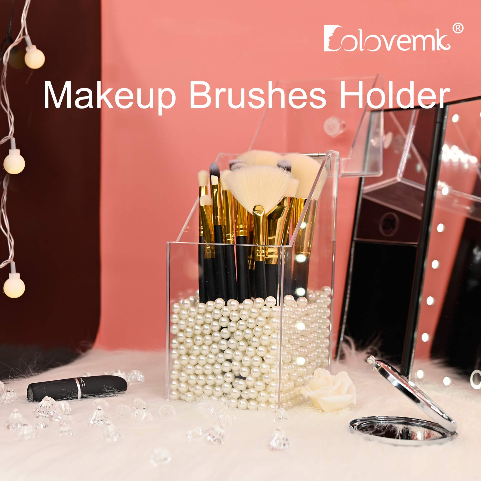 Organisateur De Pinceaux De Maquillage En Acrylique – Avec Perles Et Couvercle, Antipoussière, Pour Vanité