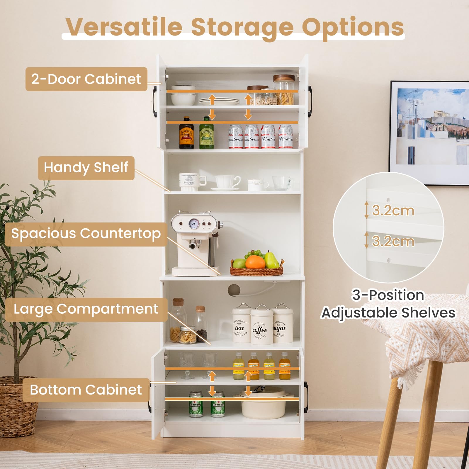 KOMFOTTEU Aparador de Cocina con Estación de Carga, Armario Buffet con 4 Puertas, 2 Estantes Ajustables, Mueble de Almacenamiento con Encimera para Microondas, 64,5 x 38 x 168 cm, Blanco