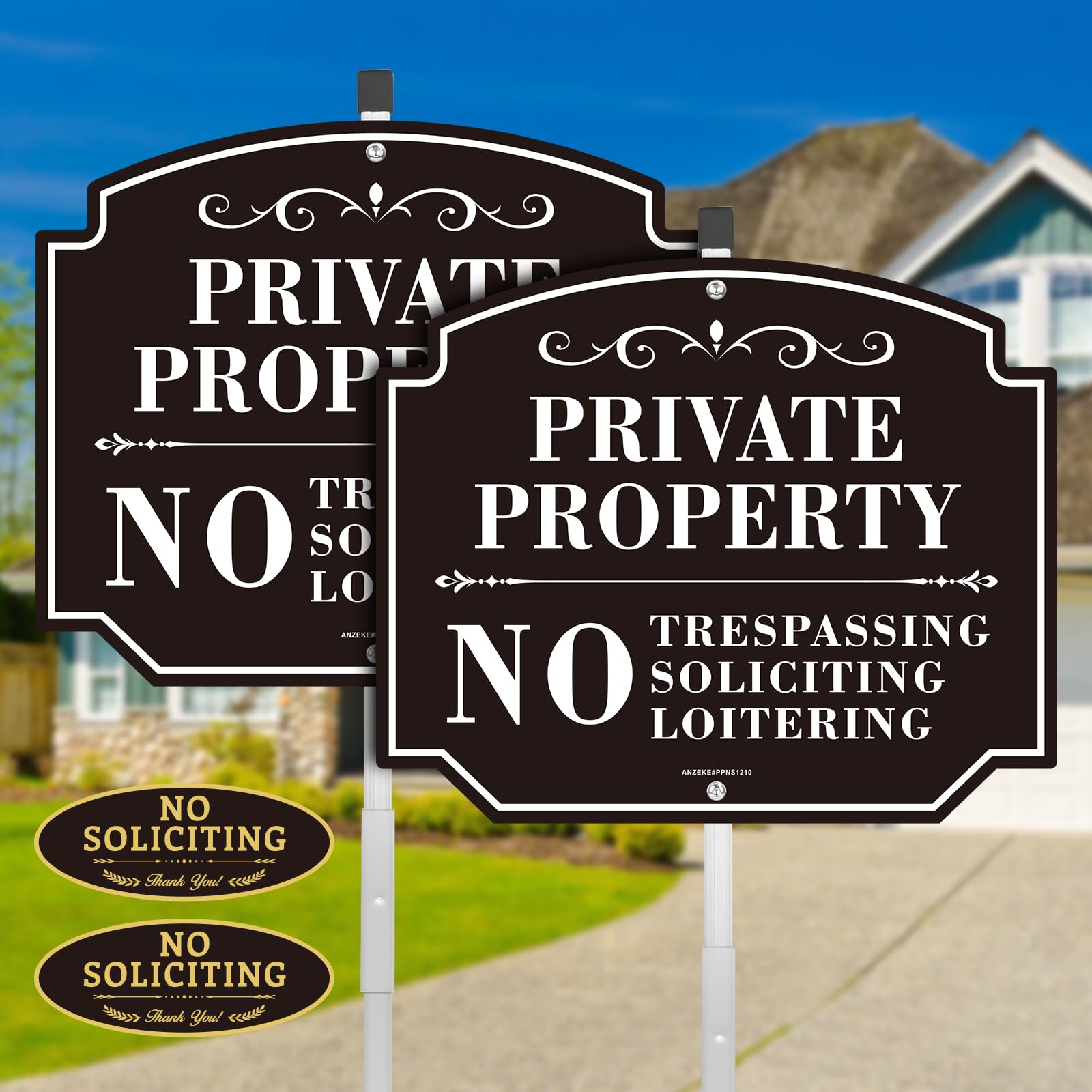 Private Property No Soliciting No Trespassing No Loitering Sign for House and Yard,2Pack-12x10Inch Reflective Aluminum wit...