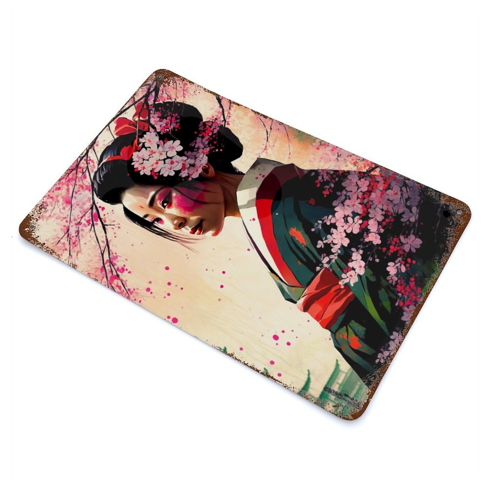 Rust Effect Asia Geisha Painting Vintage Rust Metal Sign 11.8"x7.9", Rustic Home Decor for Farmhouse, Kitchen And Entryway Decor