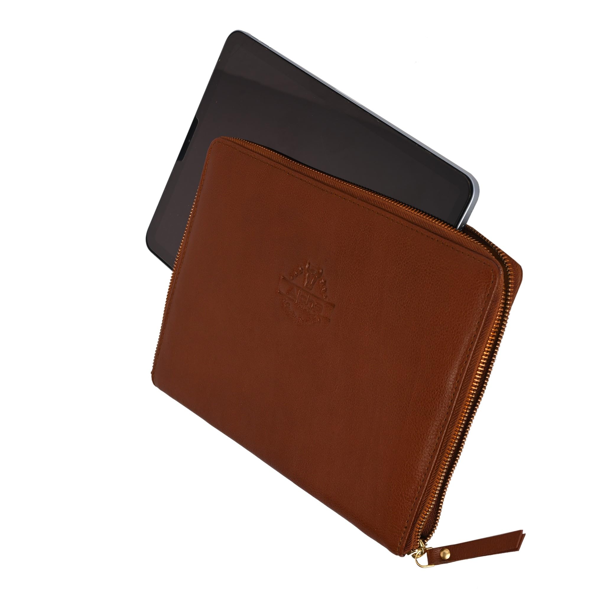 TEE ESS Leather Zippered Tablet Sleeve for iPad | Solid Leather Protective Cover Case with Soft Inner Lining | Durable Stylish Light Weight Sleek Design with Zip Closure (Cognac)
