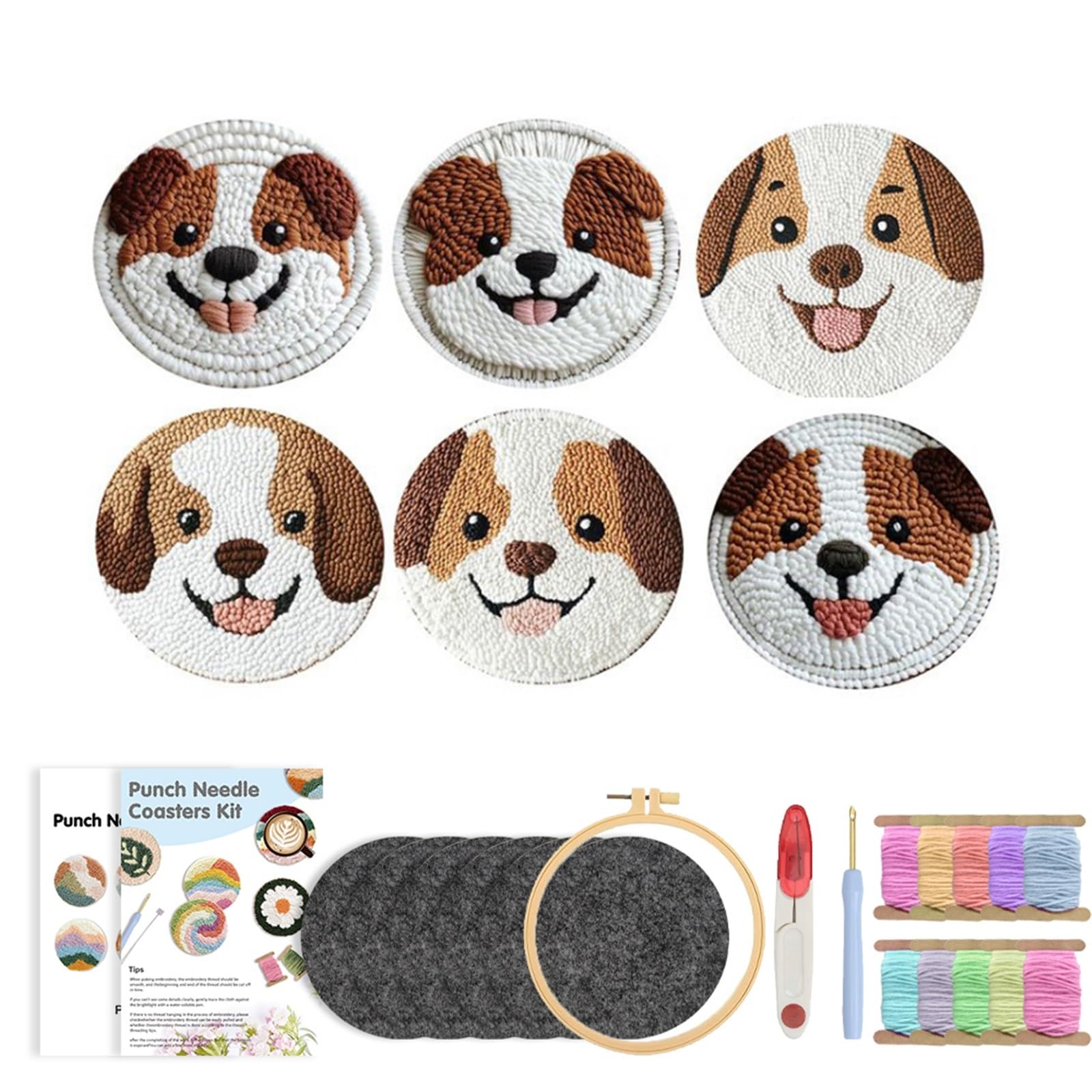 1Set Embroidery Kit Punch Needle Coaster Set Beginner Art Craft Supplies Tufted Coasters For Adult for DIY(Color5)